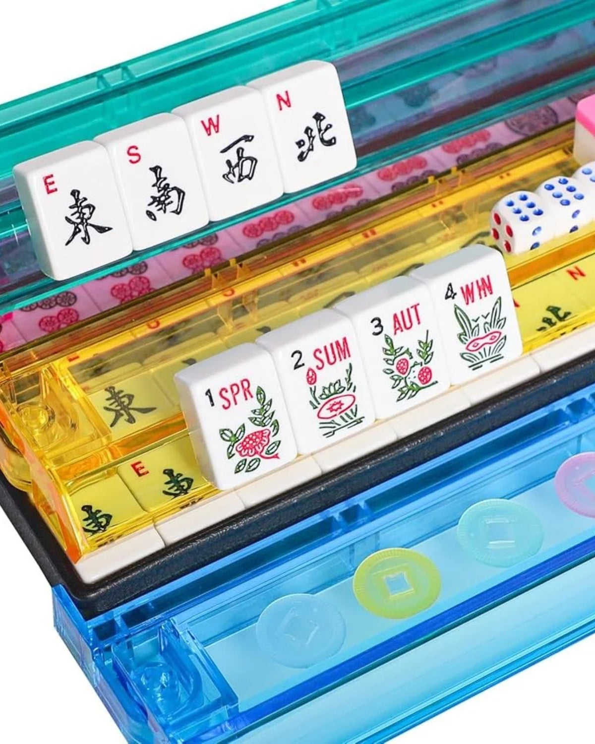 Mahjong tiles on clear acrylic racks with colored numbering and suit symbols