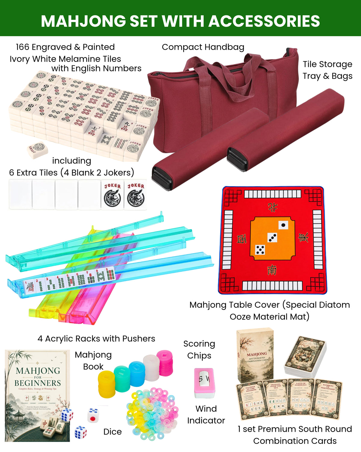 Premsons® American Mahjong Set with Red Mat & Carry Bag  – Full Game Kit with Tiles, Racks, Pushers, Dice & Beginner Instruction Guide – White