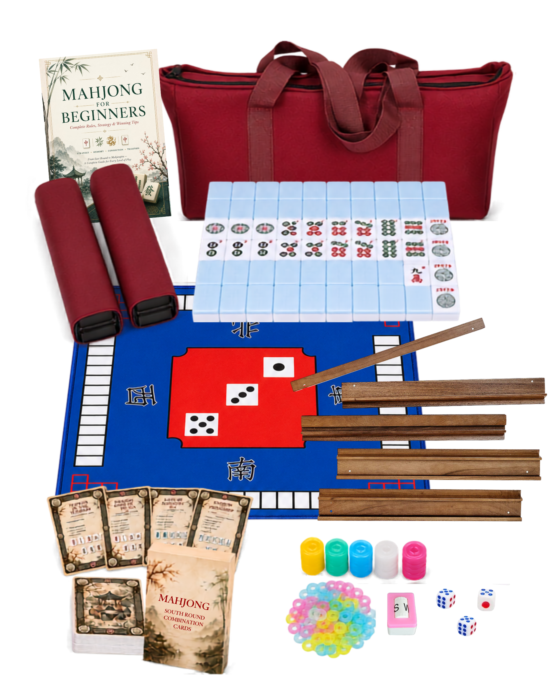 Mahjong game kit with sky blue tiles, racks, red-blue table mat, dice, and chips