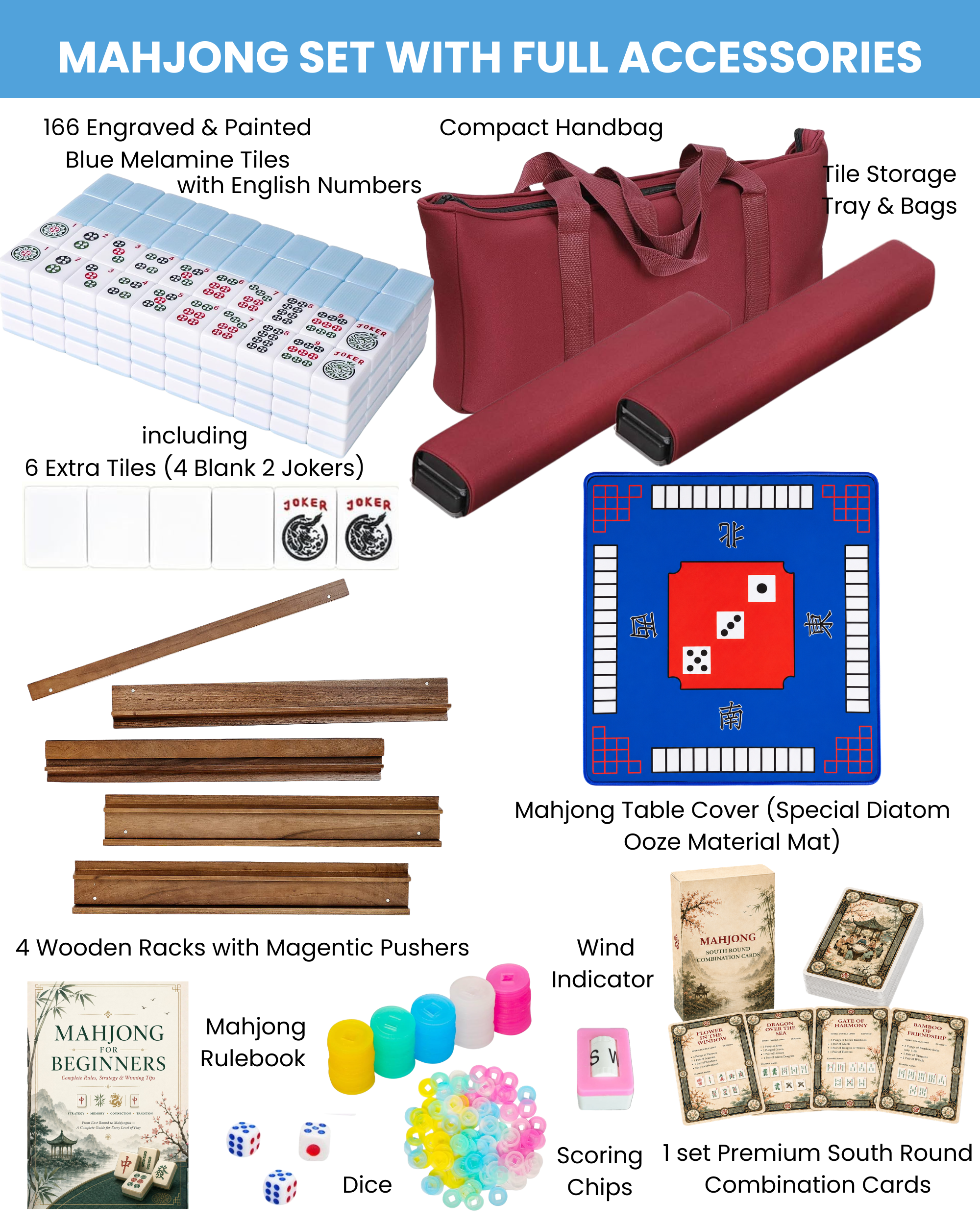 Sky blue mahjong tile set with racks, dice, chips, and burgundy storage carry bag