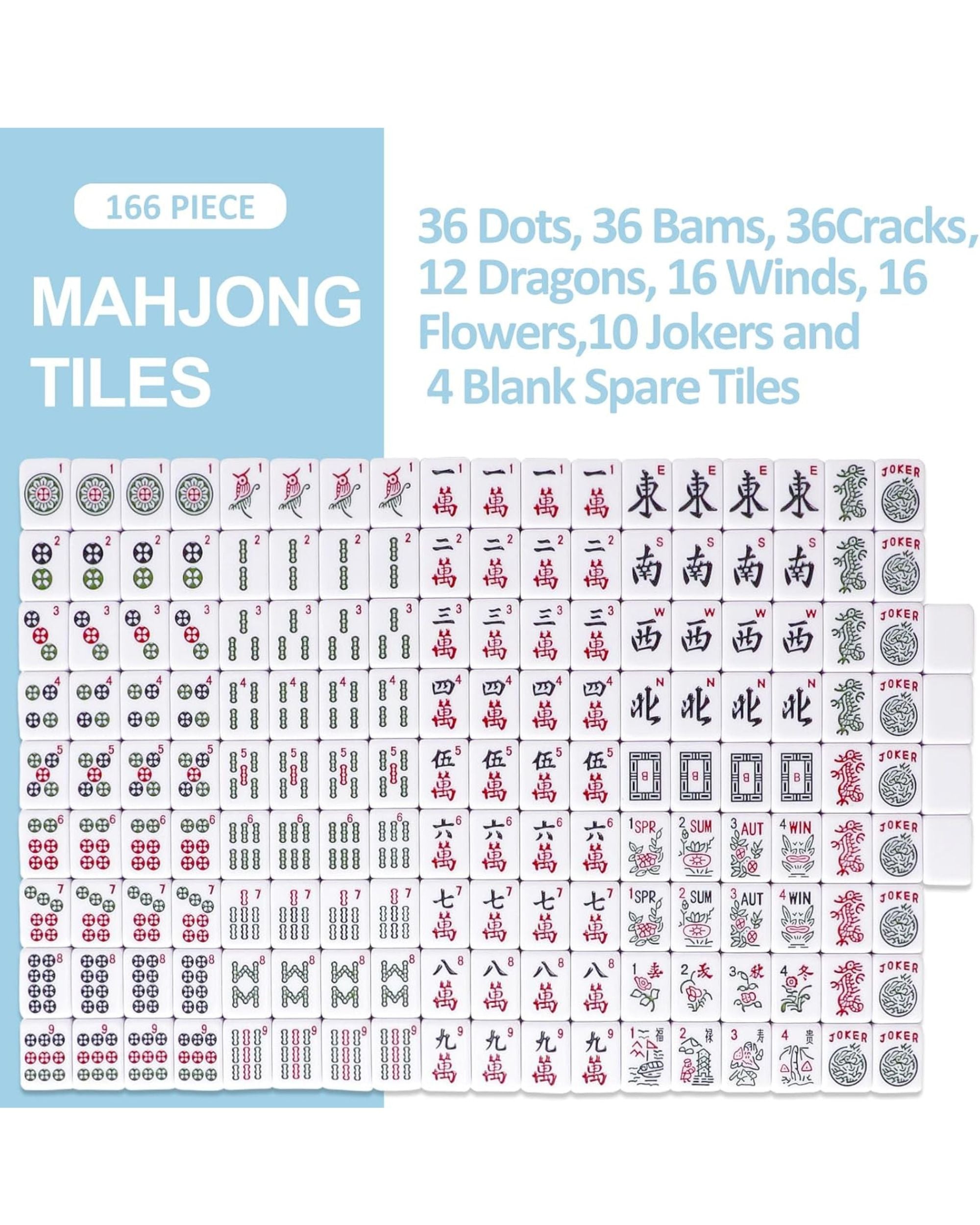 166-piece mahjong tile set layout with blue and white numbered tile faces