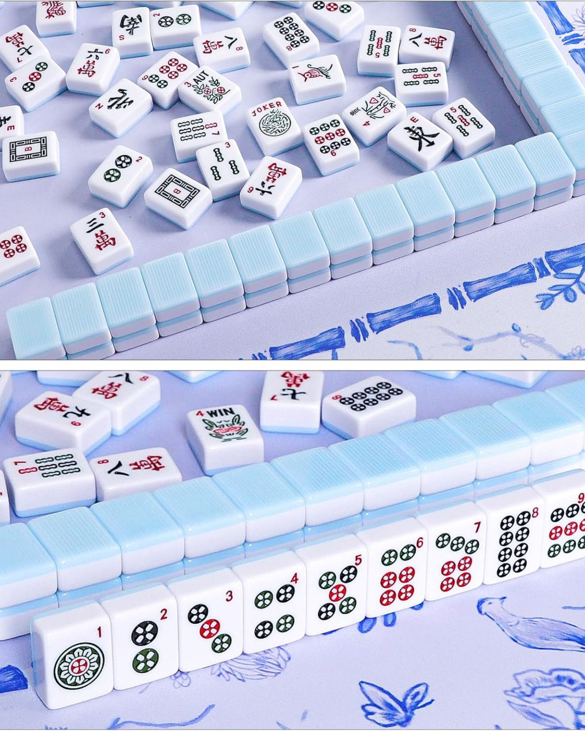 Mahjong tiles arranged in straight rows on blue felt mat, face symbols visible