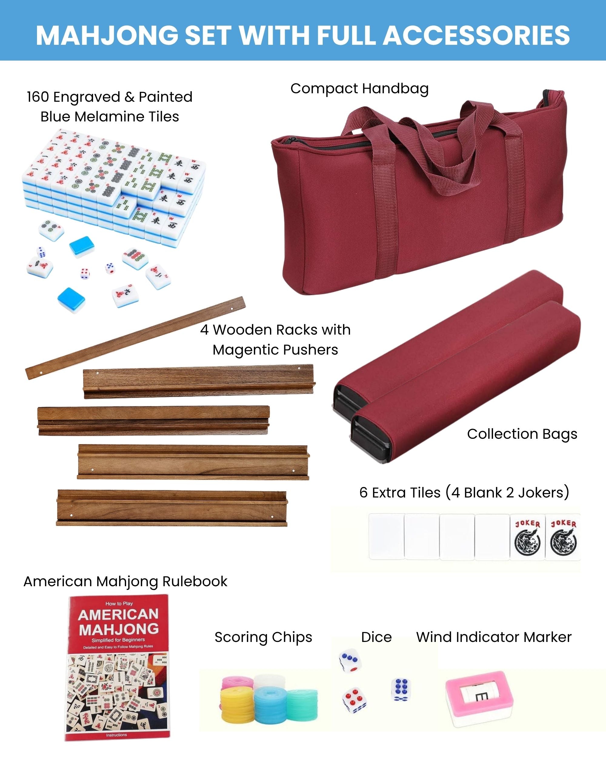 Premsons® Complete American Mahjong Set– Sky Blue Tiles, Racks, Pushers, Dice, Beginner Guide & Storage Carry Bag – Portable Travel Game Kit