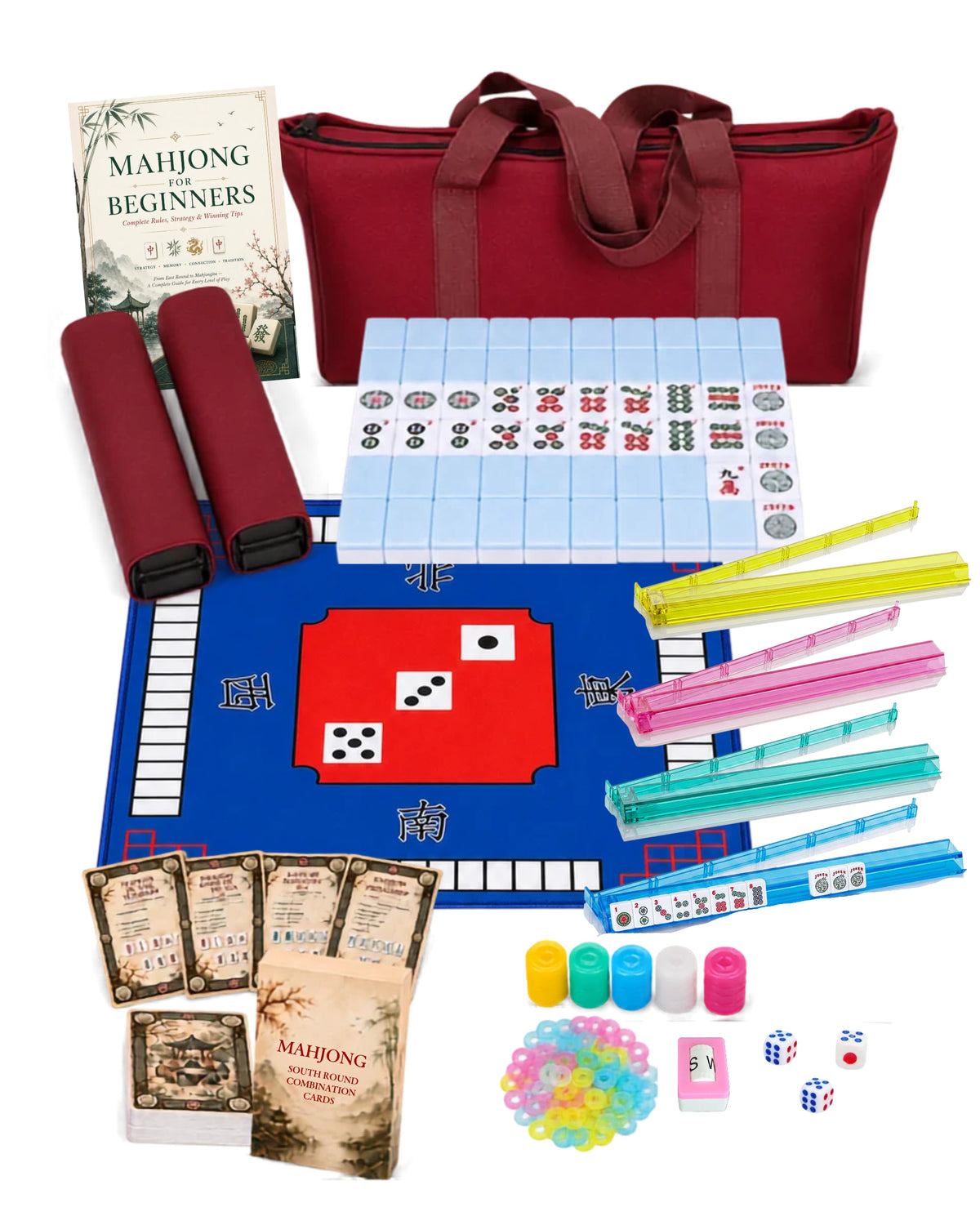 Portable American mahjong set with blue mat, racks, tiles, dice, and carry bag