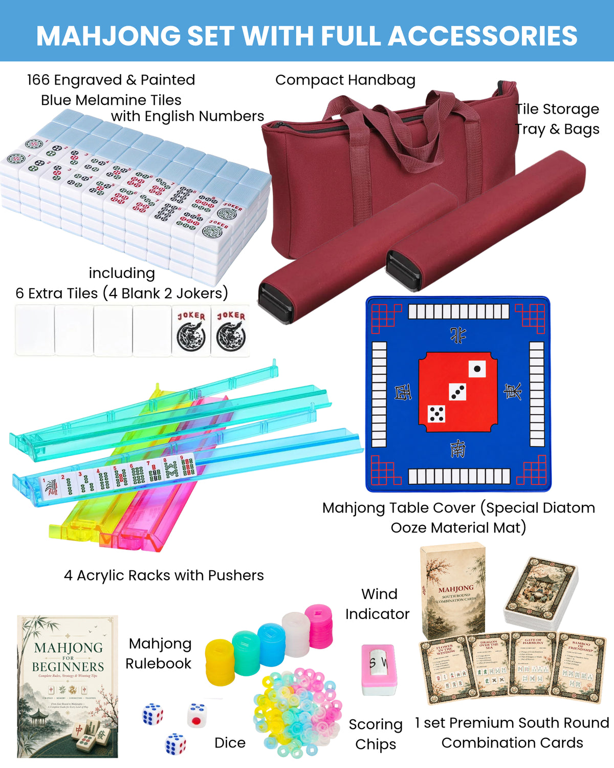 American mahjong set with blue tile mat, acrylic racks, pushers, dice, and accessories