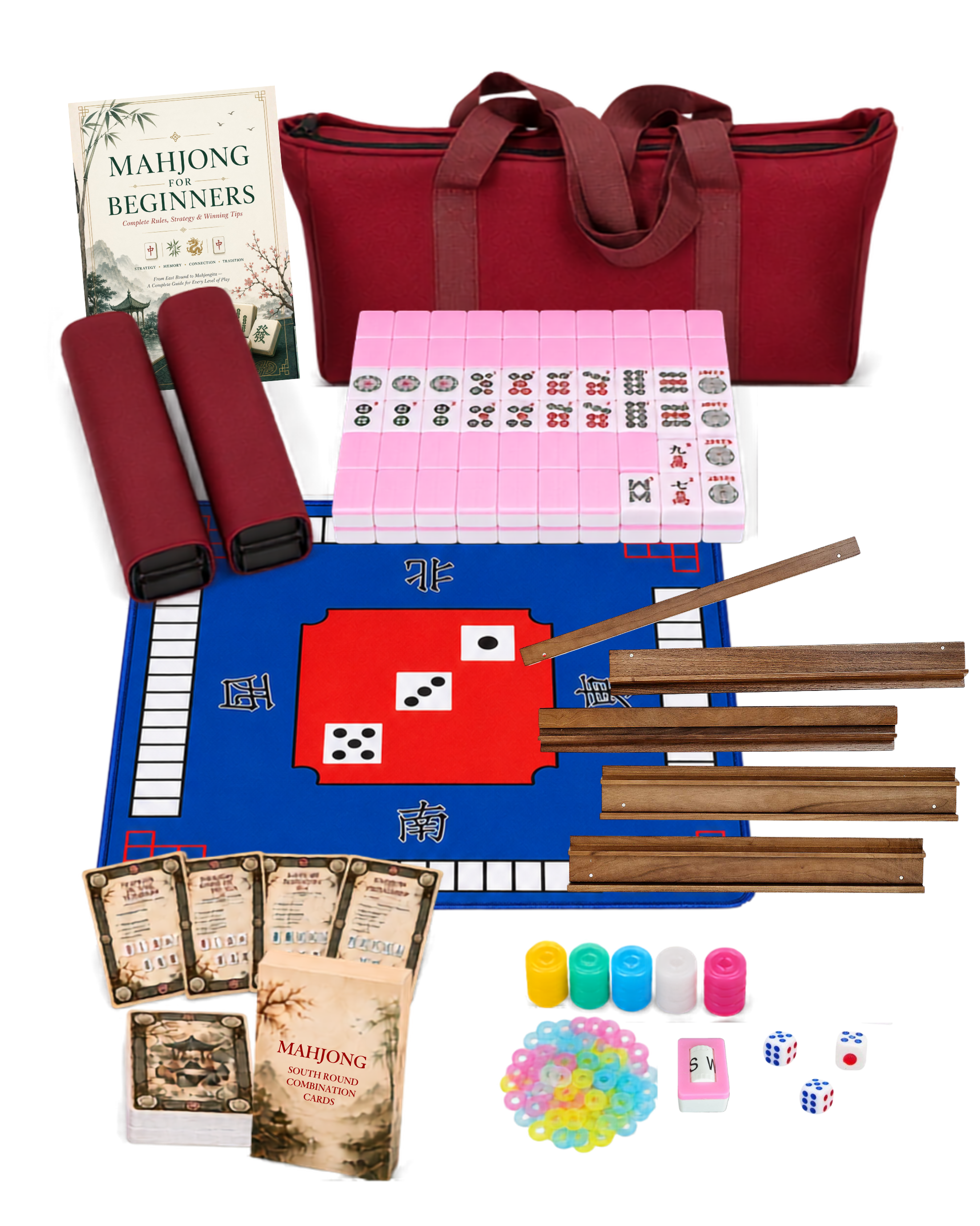 Premsons® Complete American Mahjong Set With Blue Mat - Candy Pink Tiles – Tiles, Racks, Pushers, Dice, Beginner Guide & Storage Carry Bag – Portable Travel Game Kit