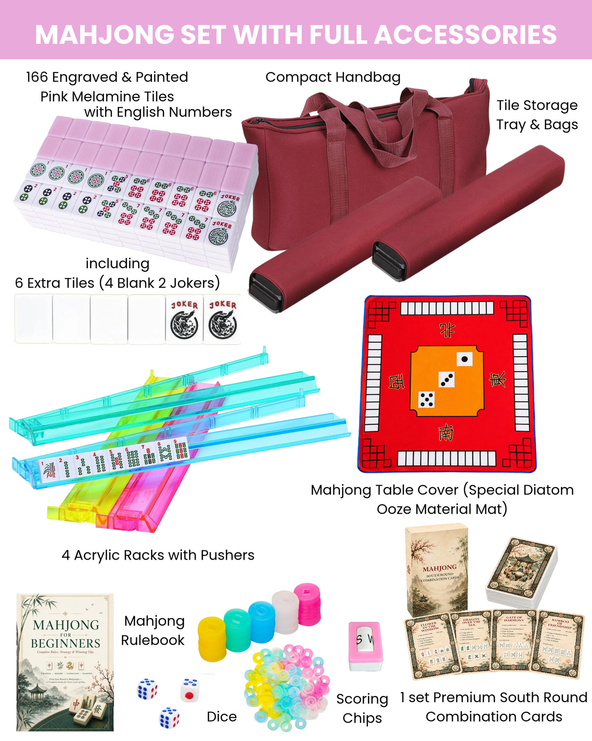 Mahjong set with red mat, pink tiles, racks, scoring cards, chips and dice