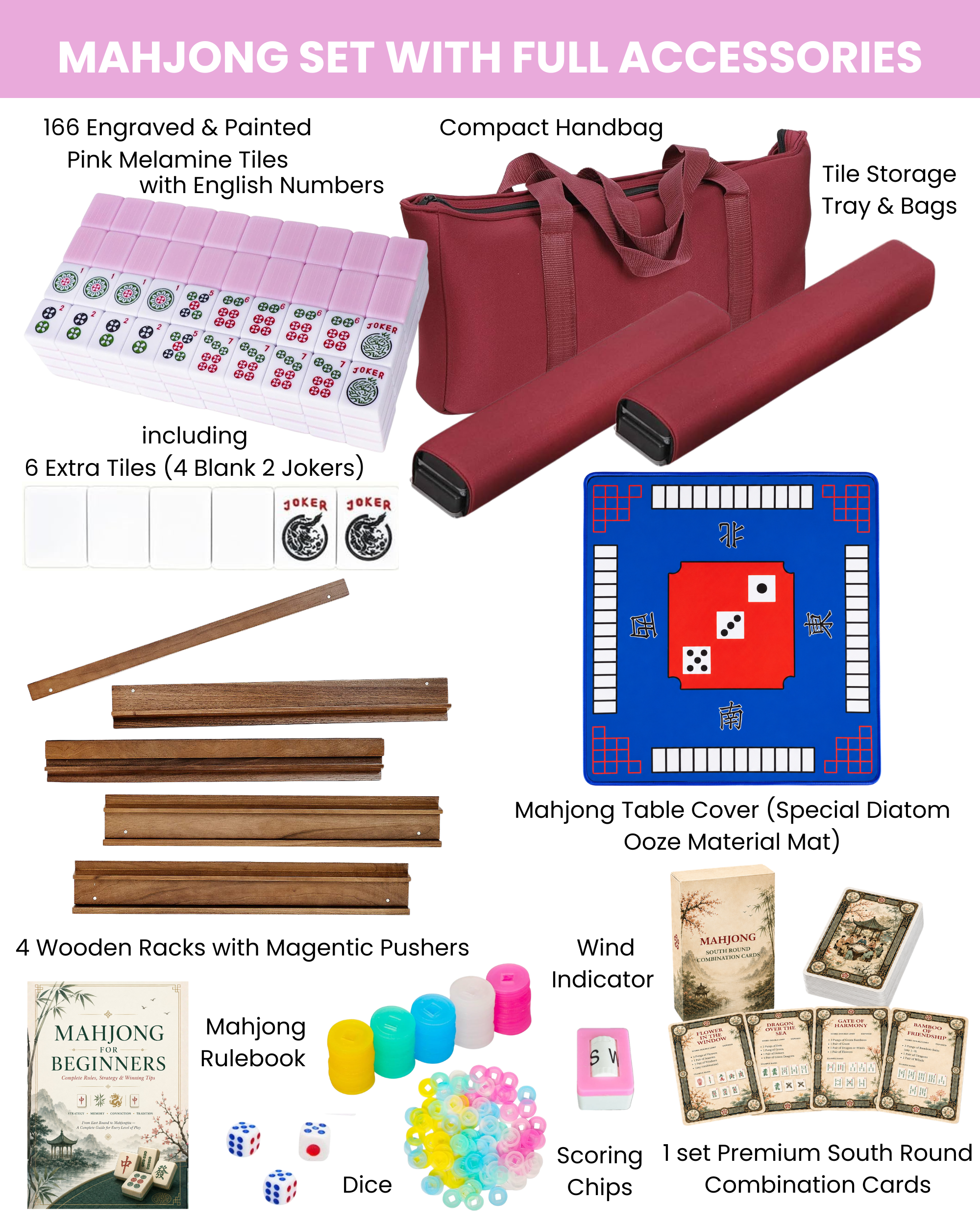 American mahjong set with pink tile mat, tile tray bags, wooden racks, dice, guide