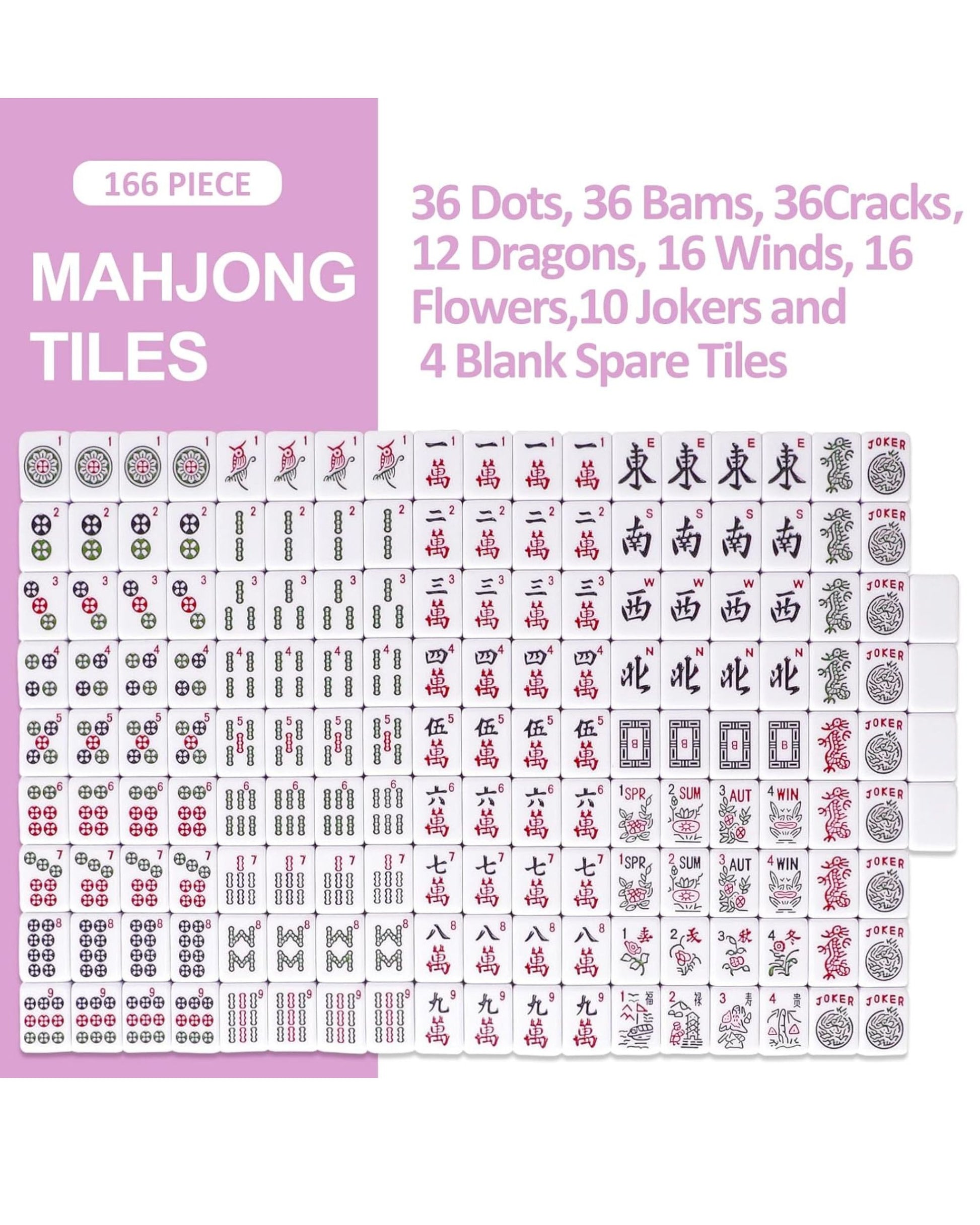 Pink melamine mahjong tiles set with red, black, and green character faces, 166 pieces