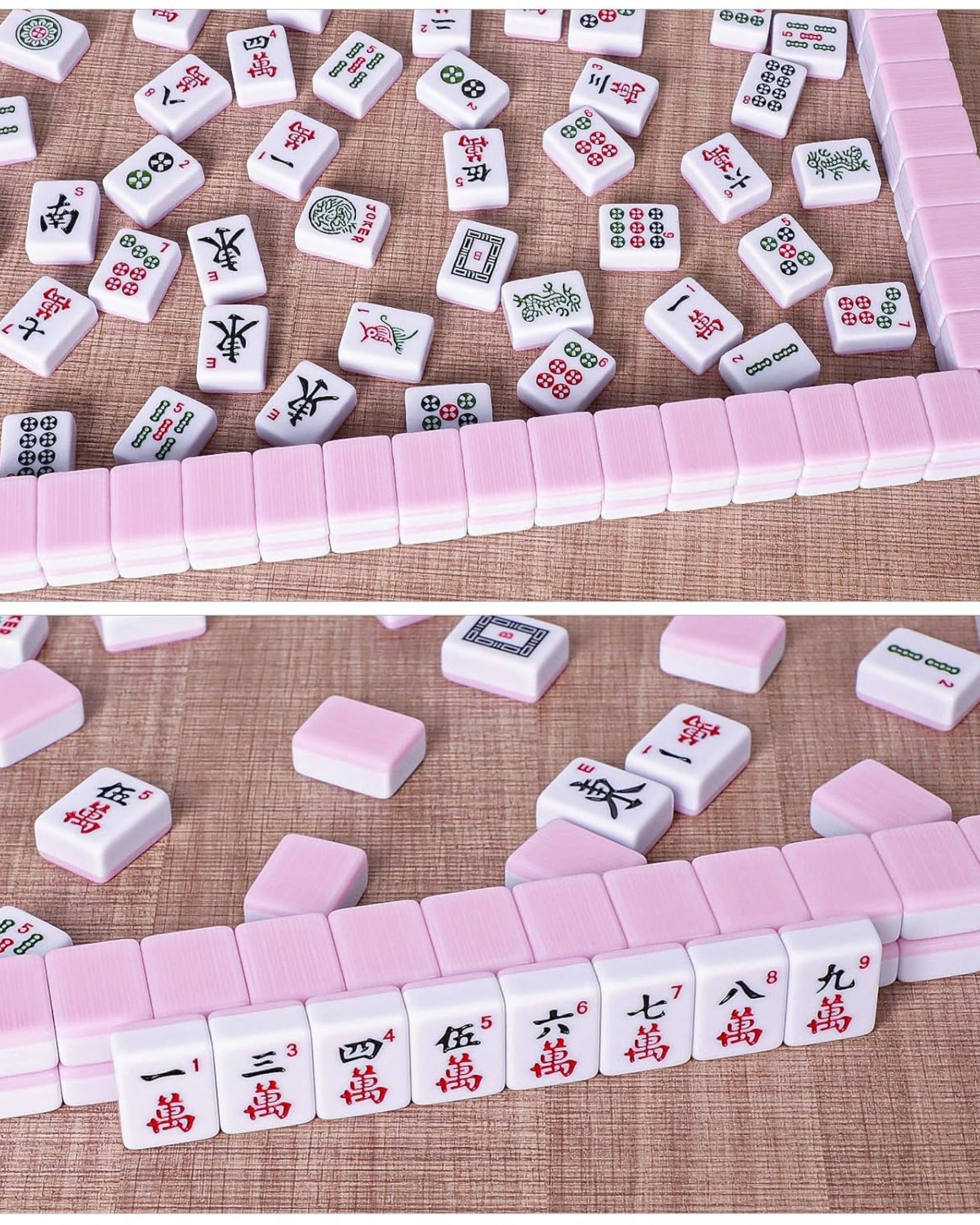 Pink mahjong tiles arranged in rows with red, black, and green faces on brown fabric