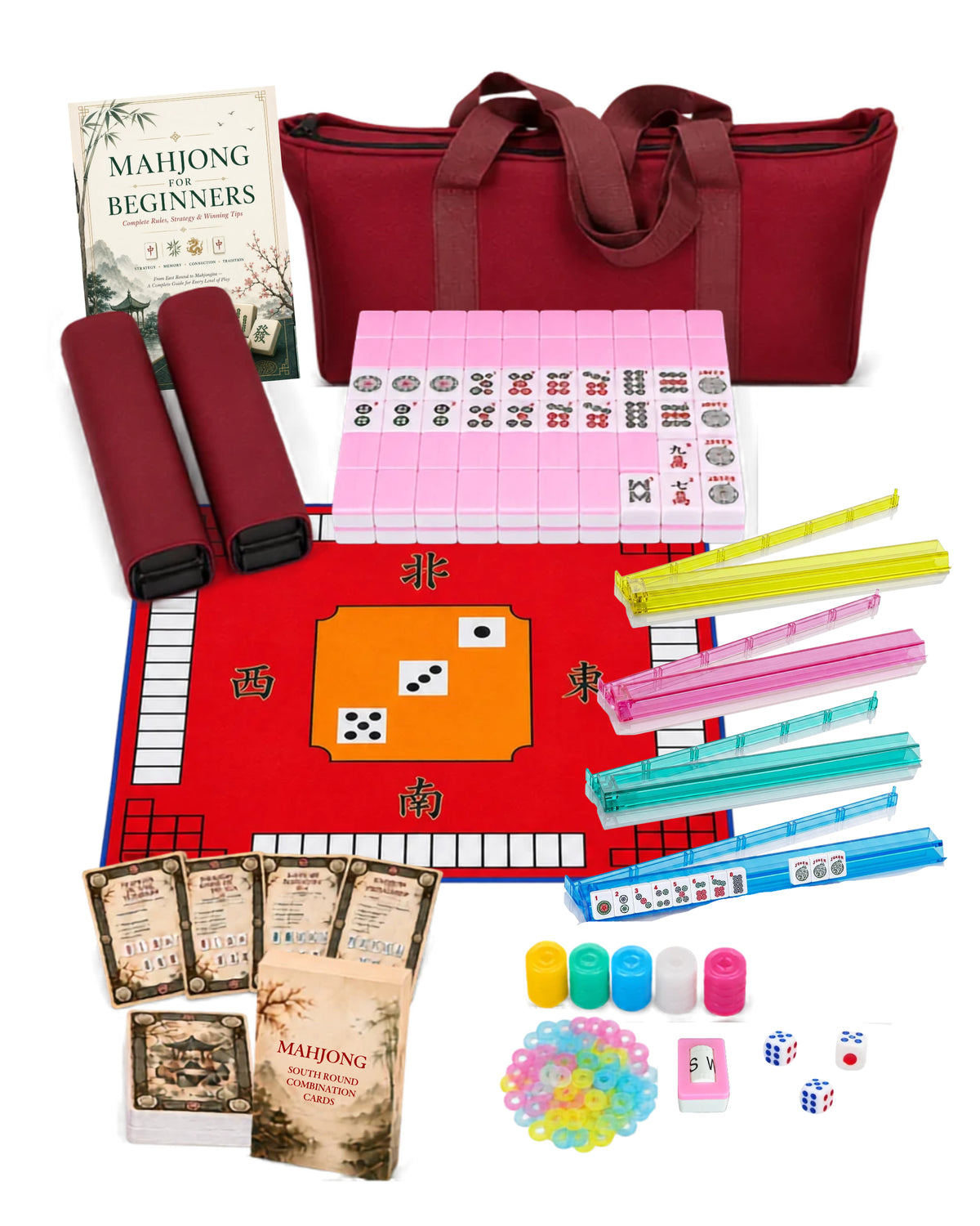 Mahjong set with red folding board, pink tile rack, tiles, racks, dice and chips