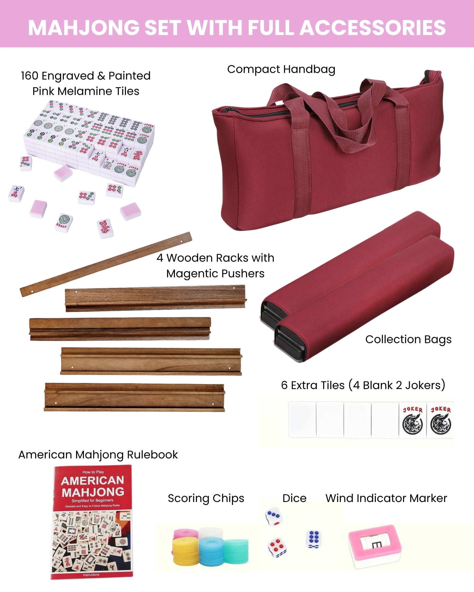 Premsons® Complete American Mahjong Set - Candy Pink Tiles – Tiles, Racks, Pushers, Dice, Beginner Guide & Storage Carry Bag – Portable Travel Game Kit
