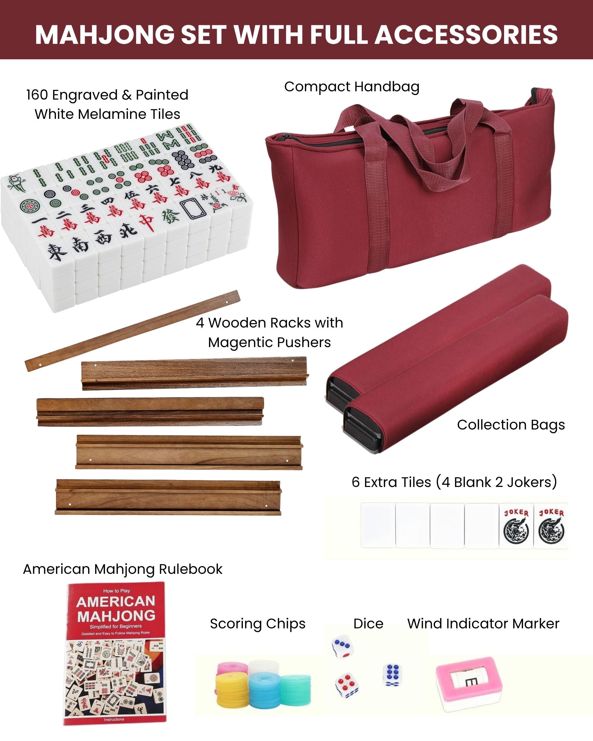 Premsons® Complete American Mahjong Set - Classic White Tiles – Tiles, Racks, Pushers, Dice, Beginner Guide & Storage Carry Bag – Portable Travel Game Kit (Copy)