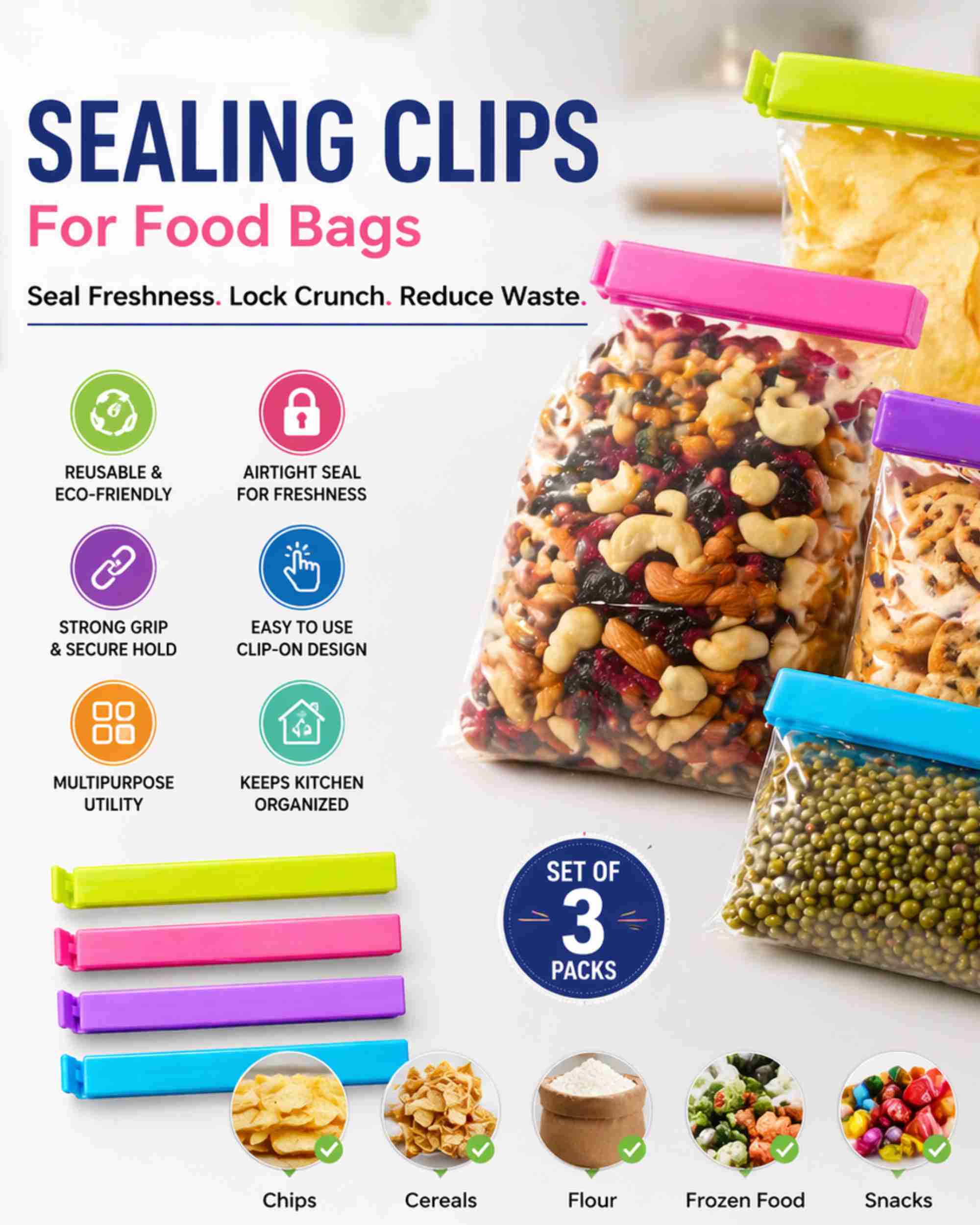 Premsons® Sealing Clips for Food Bags – Reusable Airtight Snack & Storage Bag Clips, Multipurpose Kitchen Organizer Clips (Set of 3 packs)