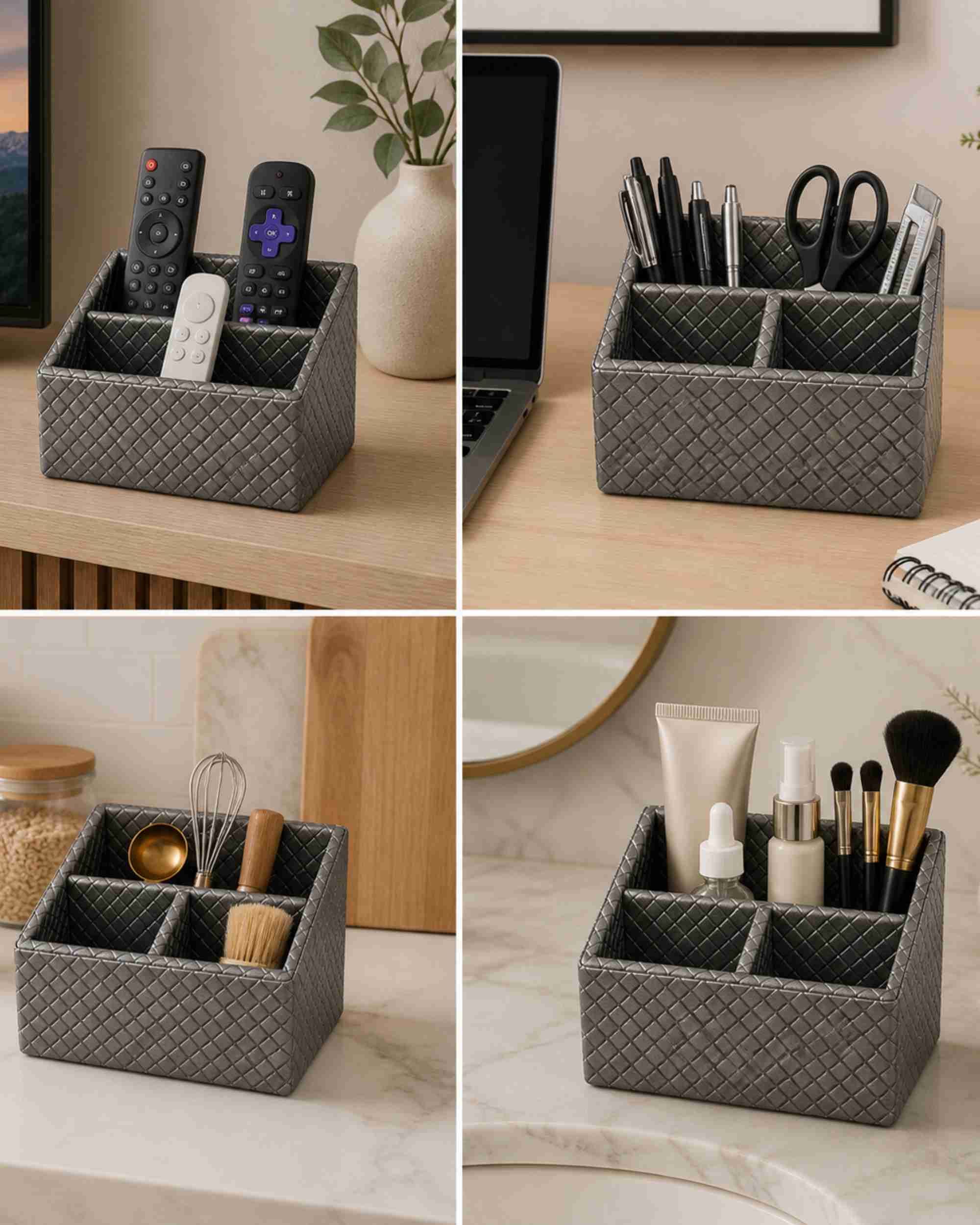 Premsons® Metallic Leatherette Remote Holder – 3 Section Organizer for TV, AC & Set-Top Box Remotes | Premium Desk & Table Storage Stand for Home & Office