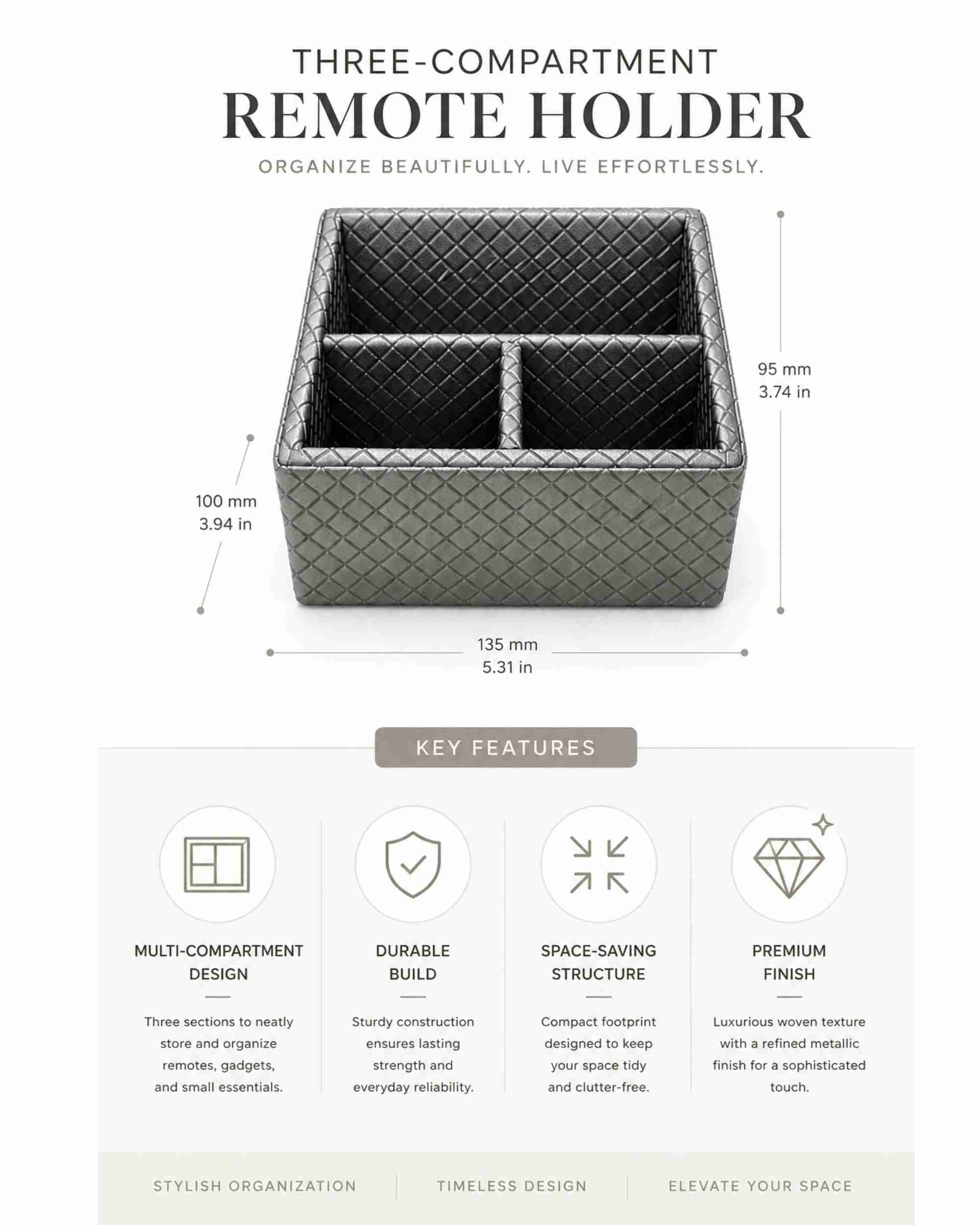 Three-compartment remote holder in metallic dark leatherette, diamond pattern, organizer.