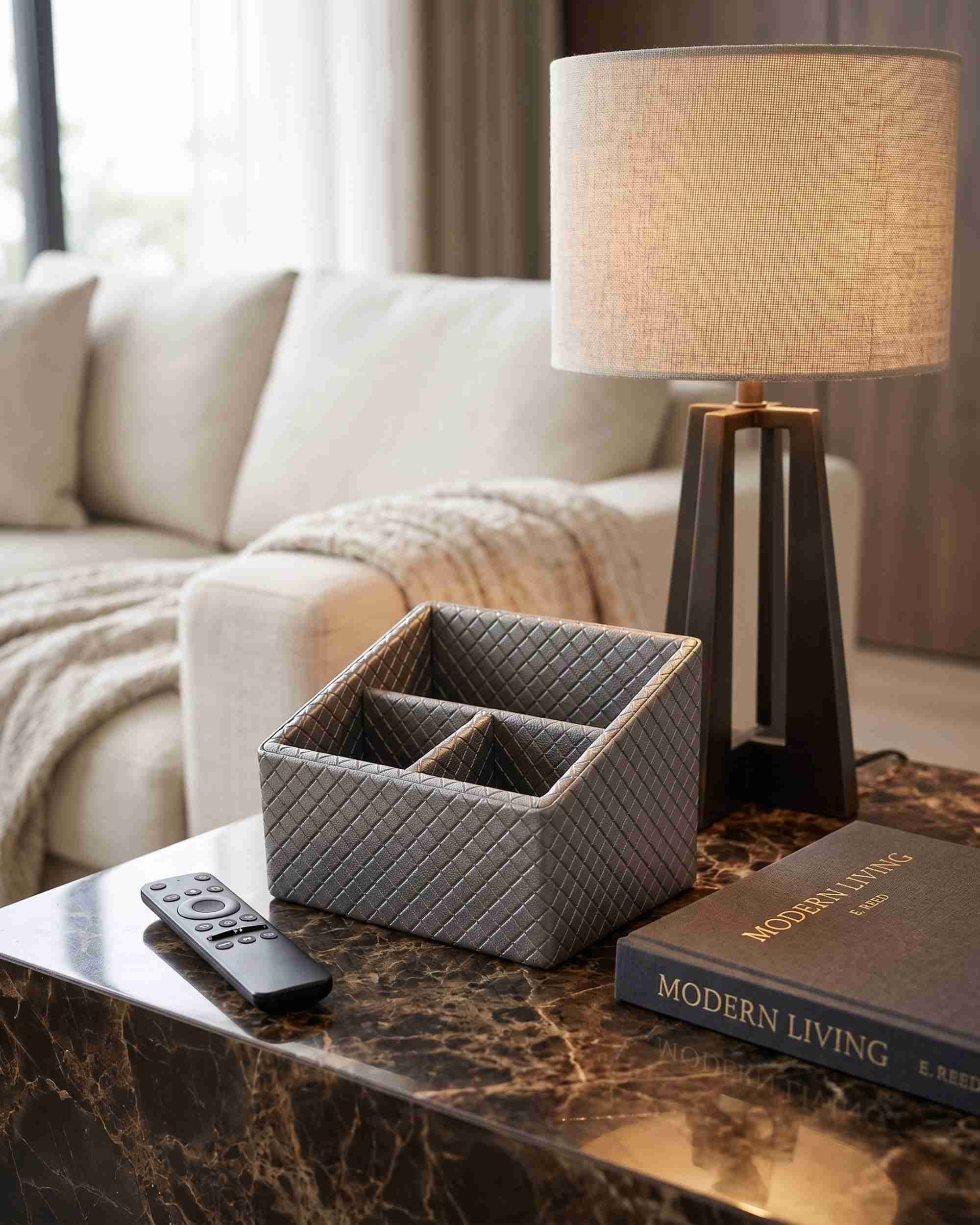 Three-compartment remote holder in metallic bronze-gray leatherette with diamond texture.