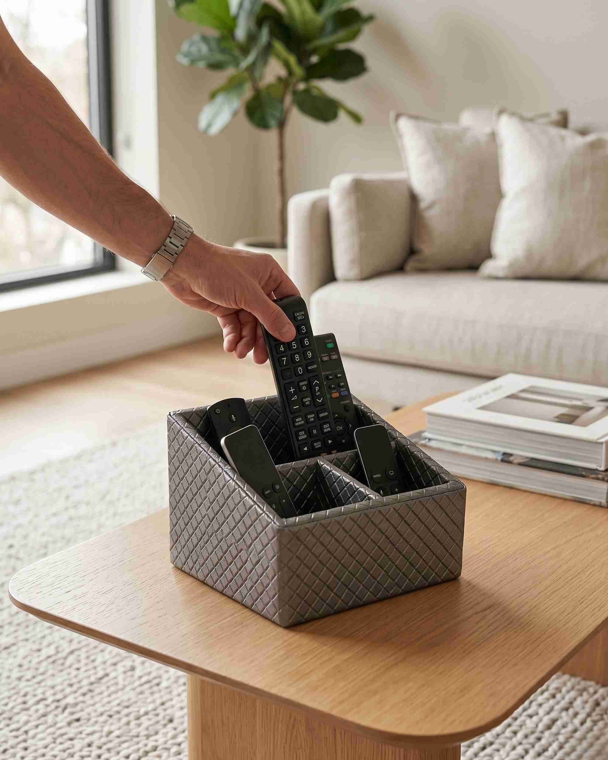 Three-section remote holder in metallic gray leatherette, diamond weave pattern.