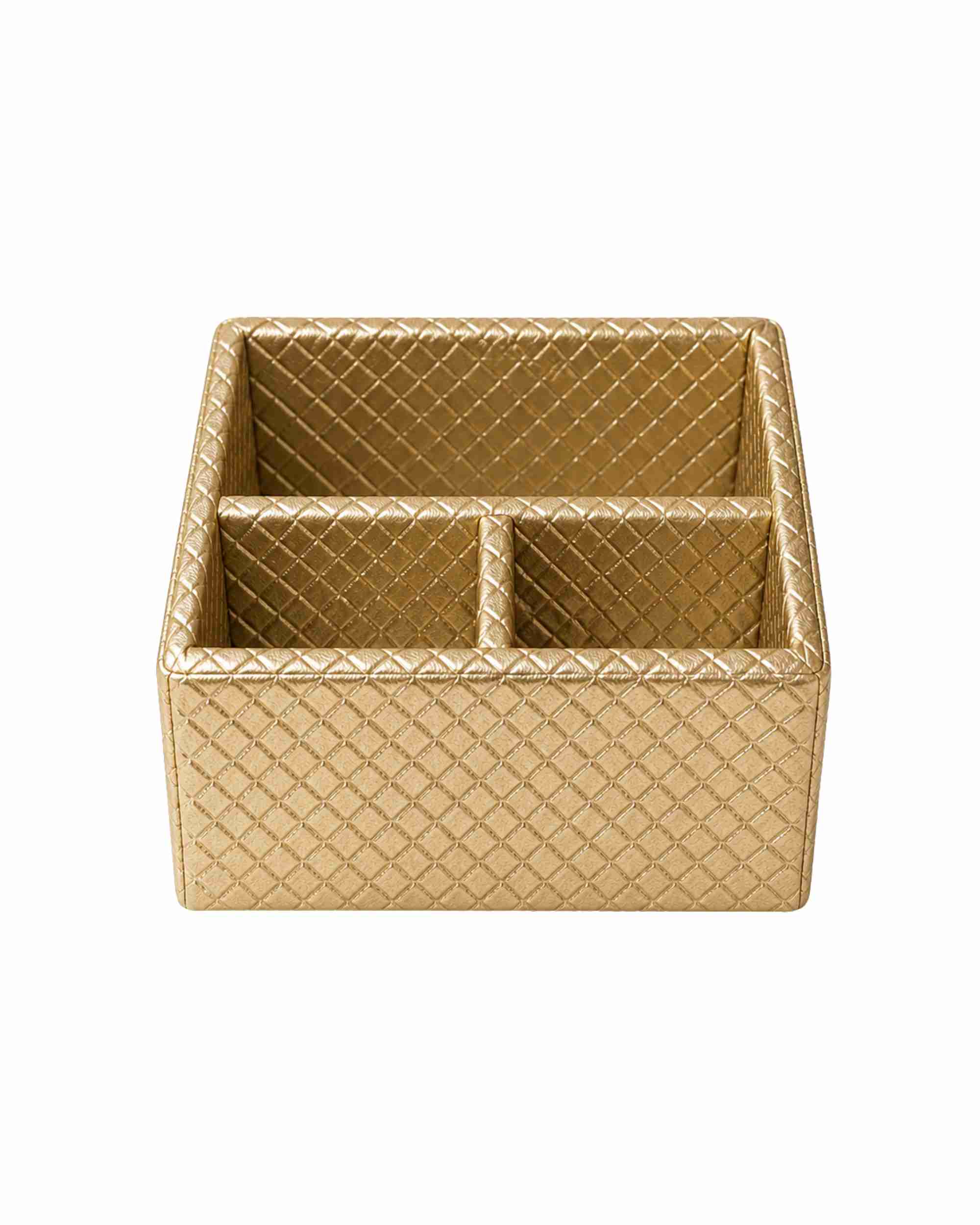 Three-compartment remote holder in metallic gold leatherette with diamond pattern.