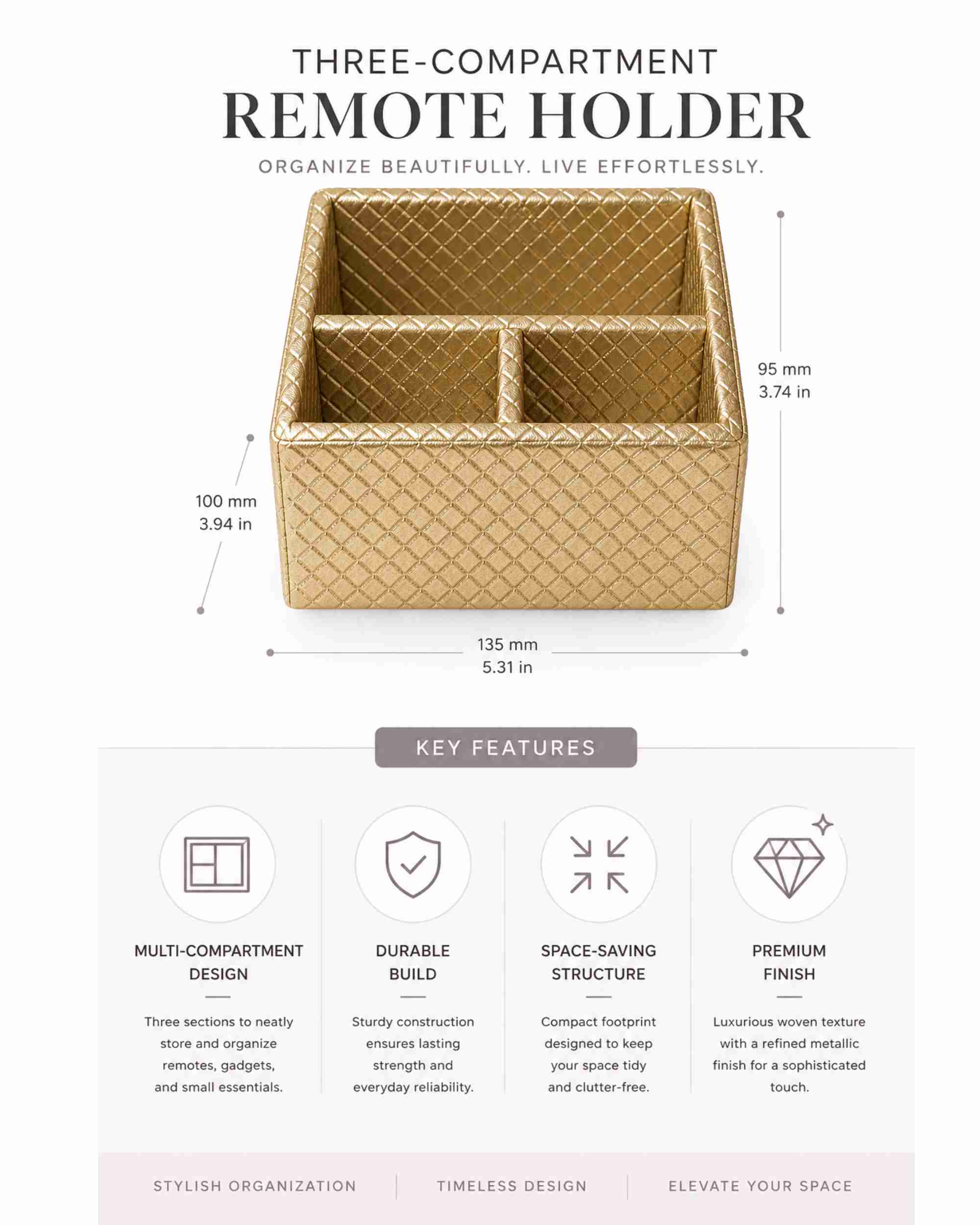 Three-compartment remote holder in metallic gold leatherette, diamond texture organizer.
