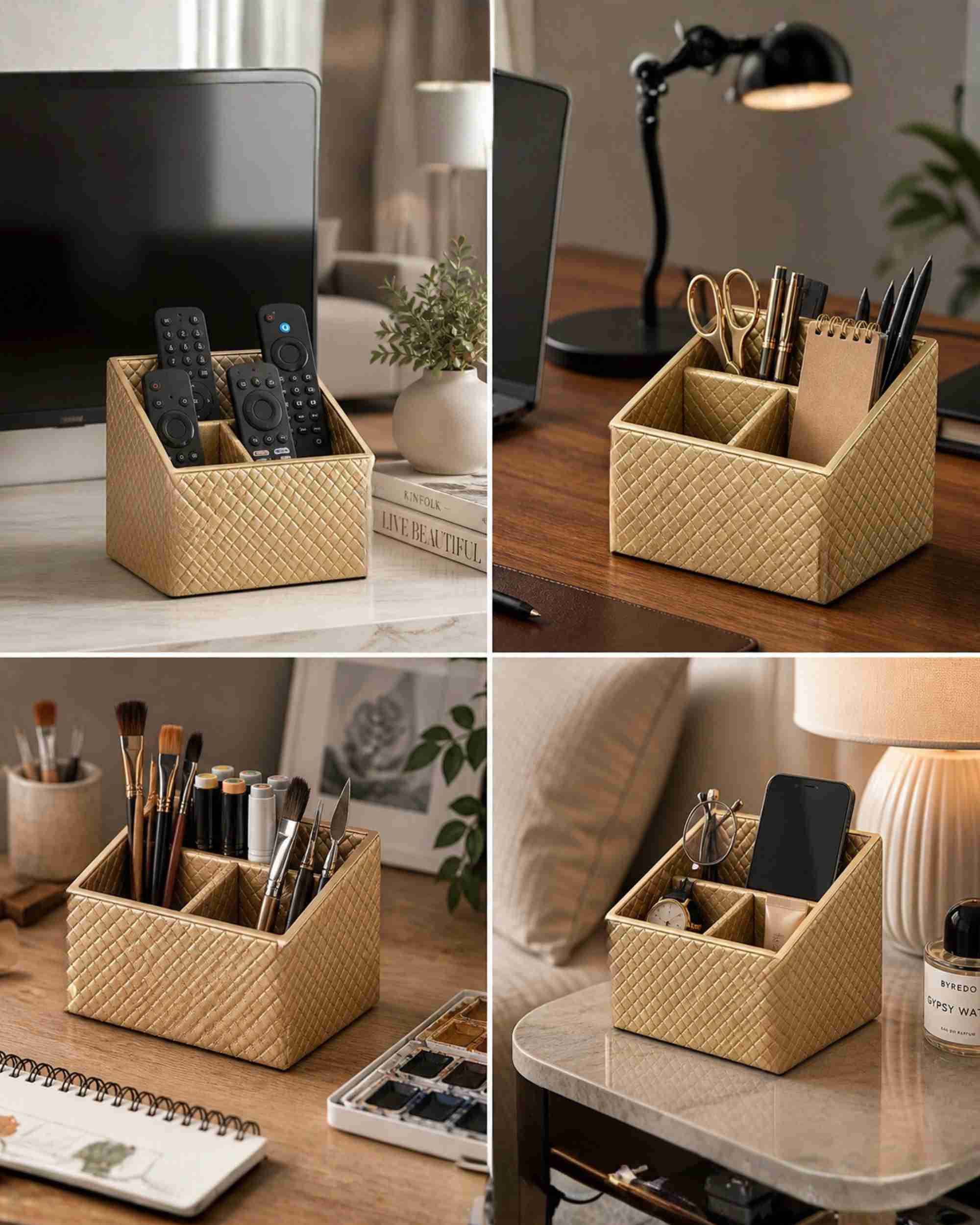 Metallic gold three-compartment remote holder with diamond texture for small items.