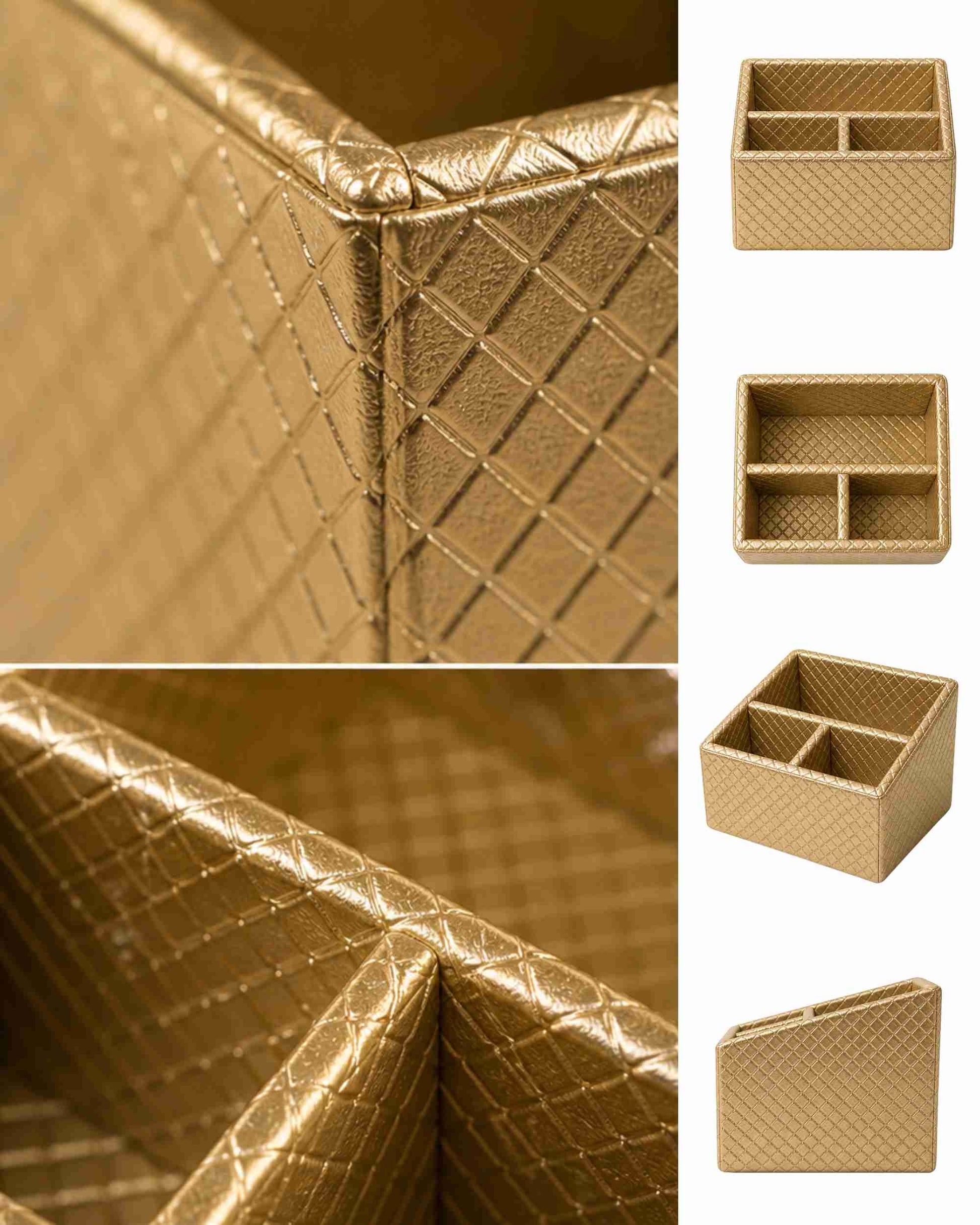 Close-up of metallic gold leatherette remote holder, diamond pattern texture, three sections.