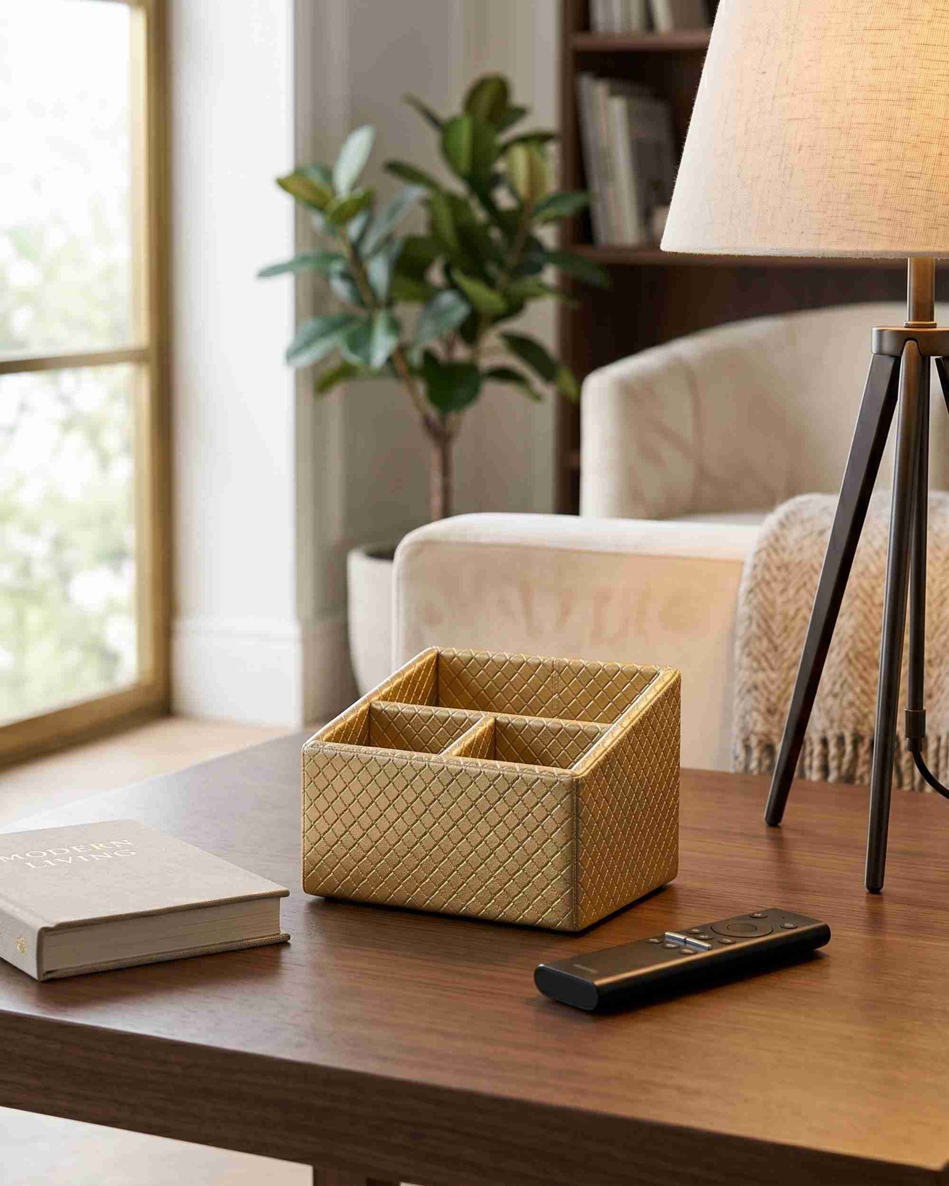 Metallic gold three-compartment remote holder with diamond texture for remotes.