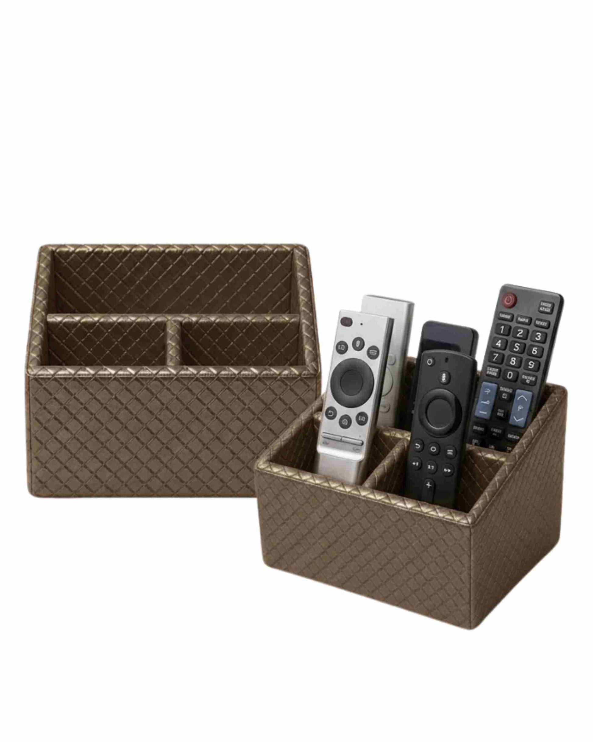 Three-compartment remote holder with textured metallic brown finish, 3 open sections