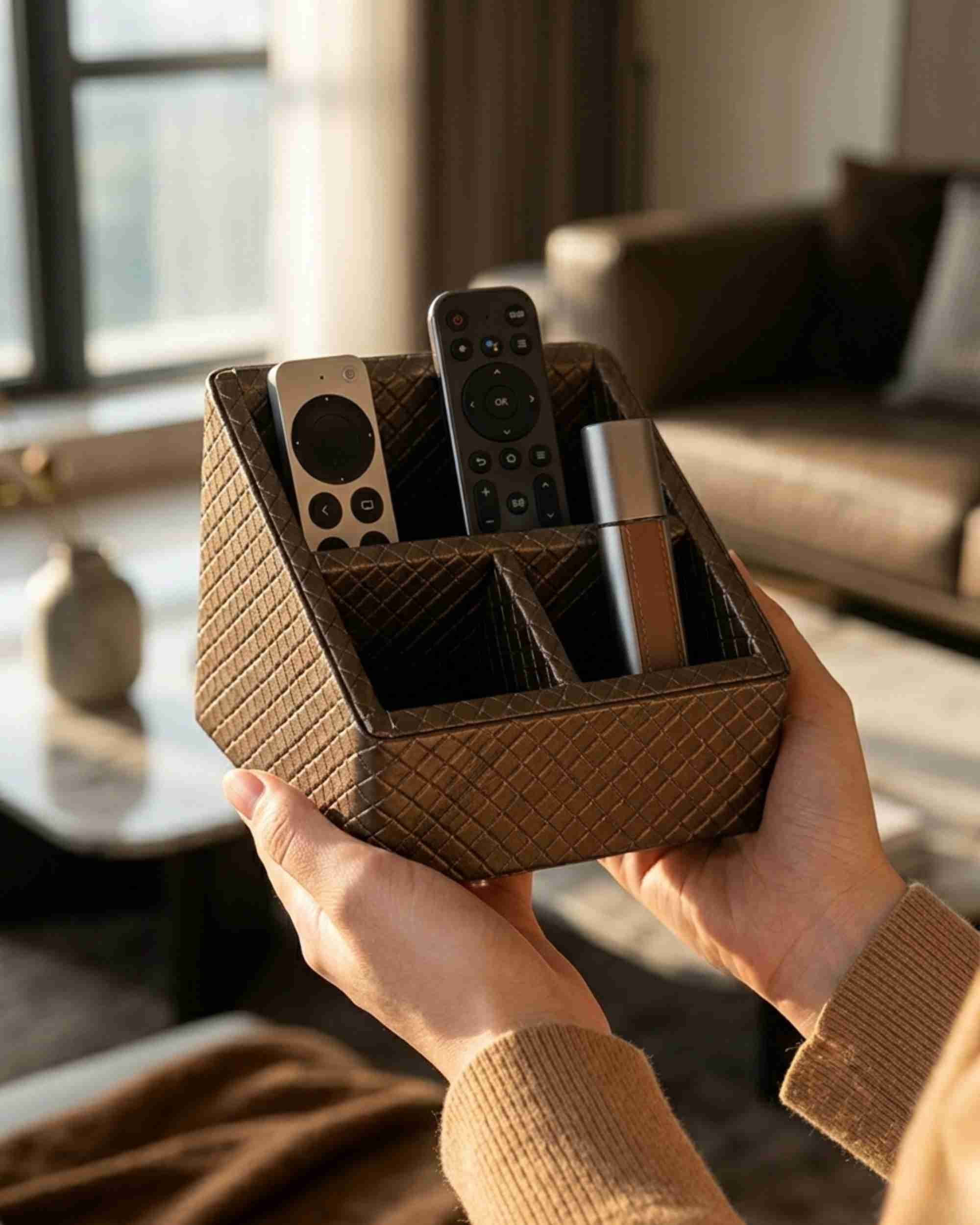 Three-compartment remote holder, handheld view, textured metallic brown with inner divider
