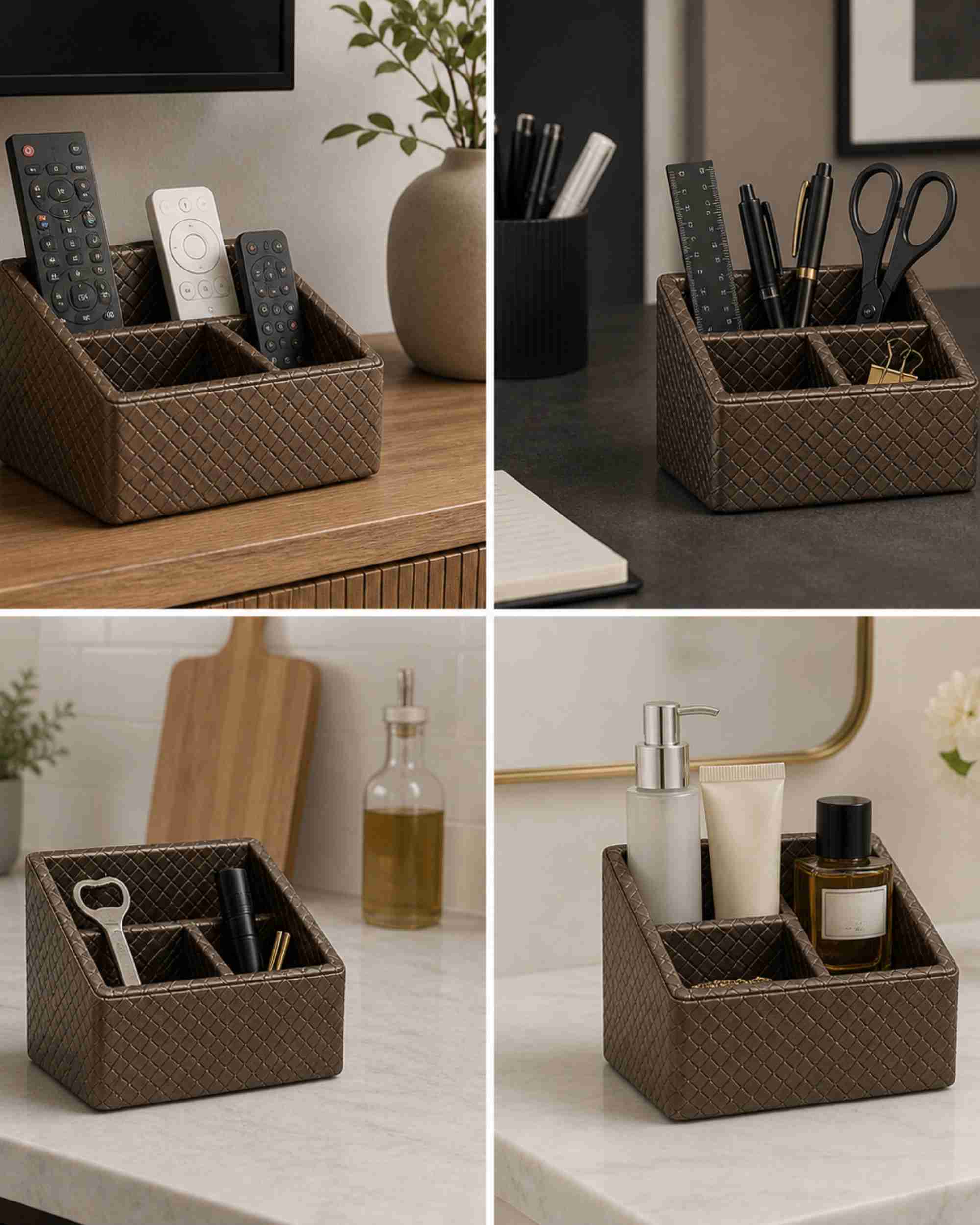 Three-compartment remote holder on tabletop, textured metallic brown organizer for remotes
