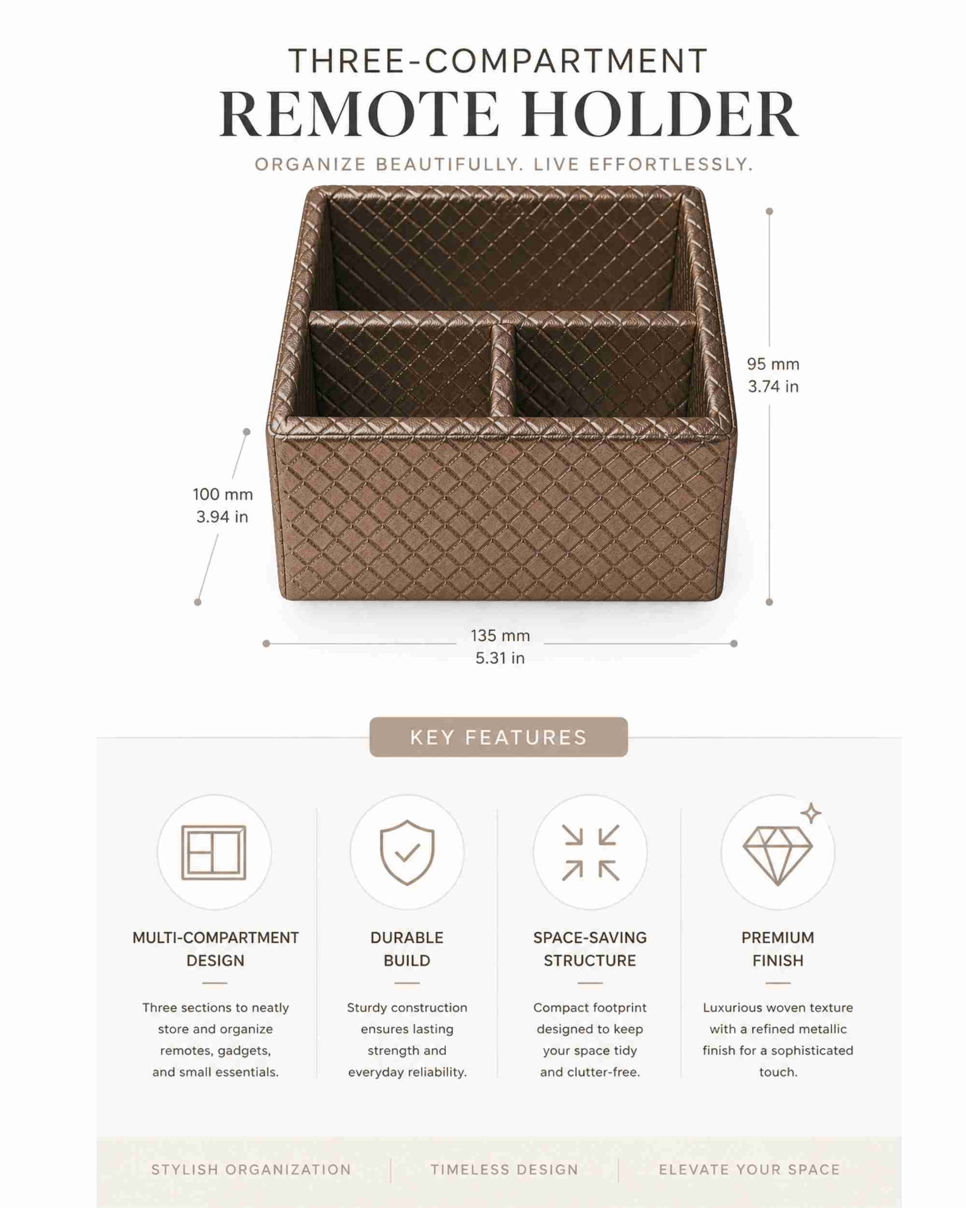 Three-compartment remote holder diagram with measurements and textured metallic brown design