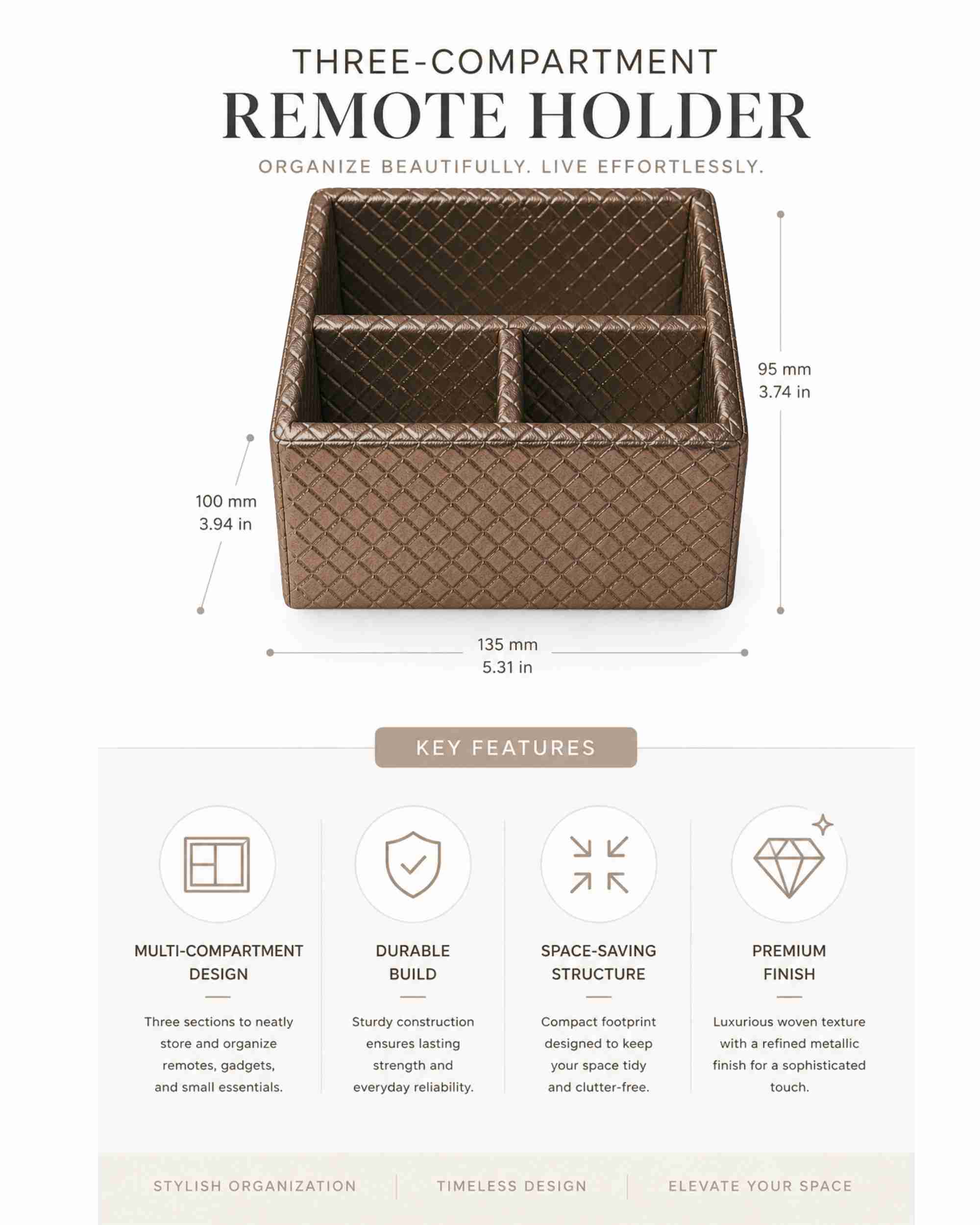Three-compartment remote holder diagram with measurements and textured metallic brown design
