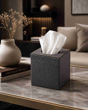 Metallic leatherette tissue box holder, dark gray textured square with tissues in open top