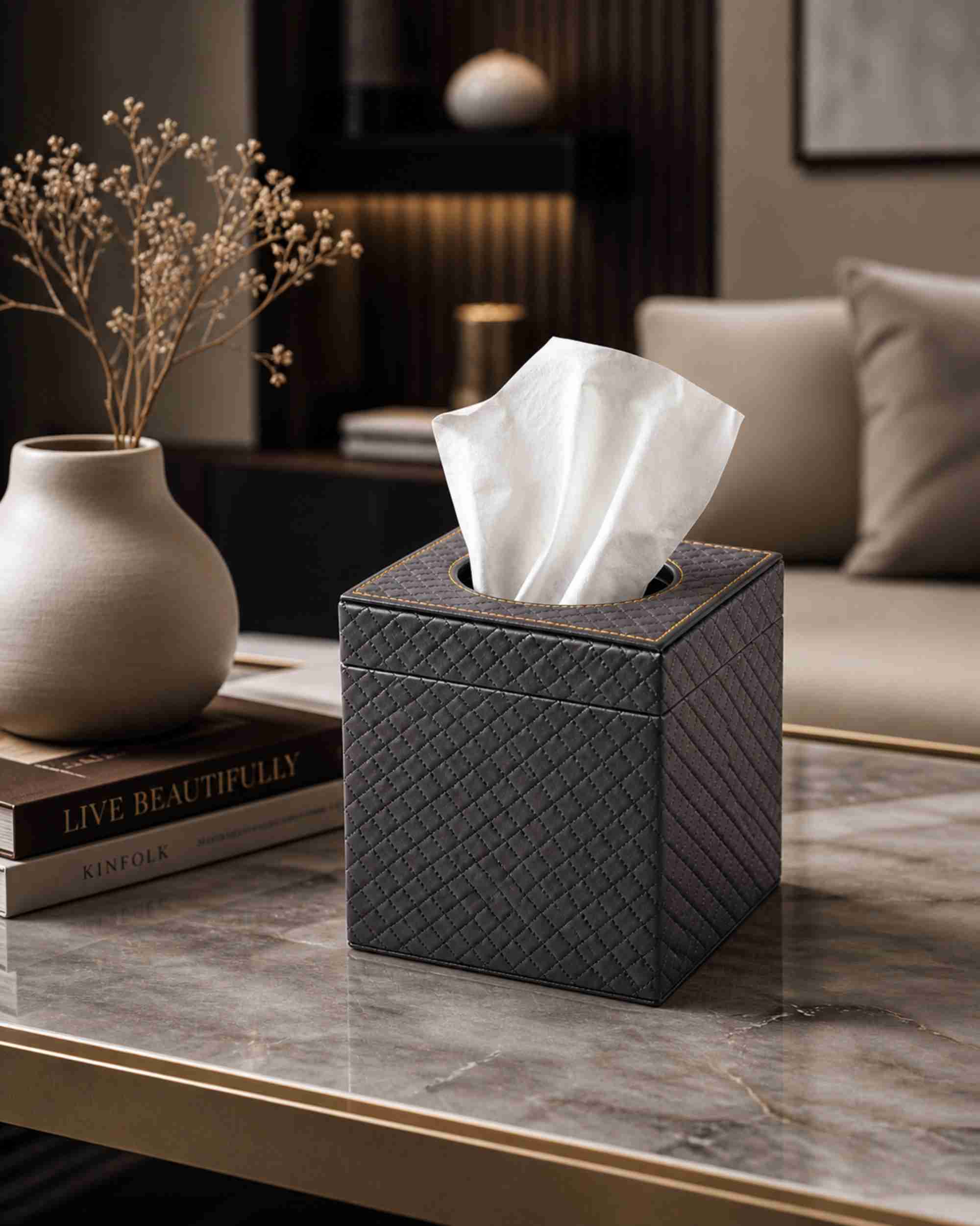 Metallic leatherette tissue box holder, dark gray textured square with tissues in open top