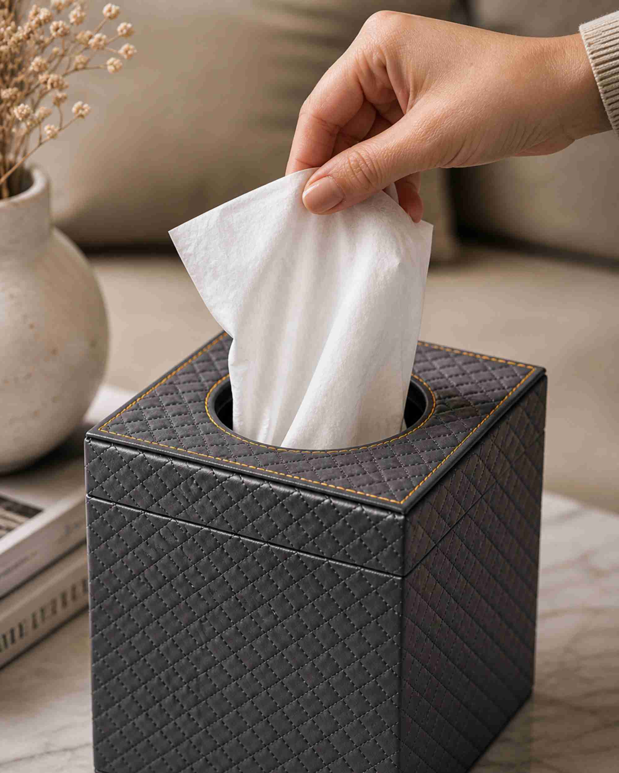 Metallic leatherette tissue box holder in dark gray textured leatherette, tissues pulled by hand