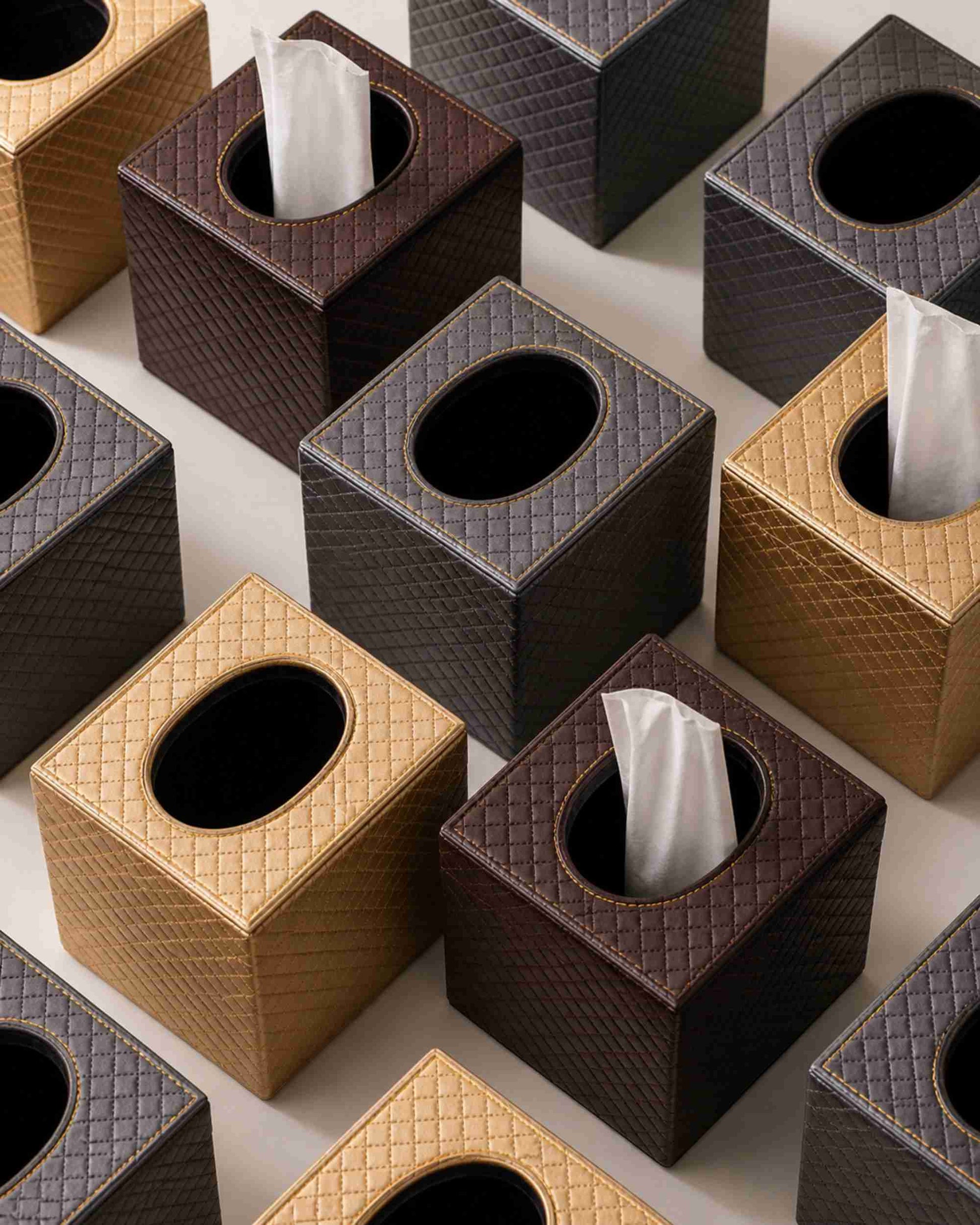 Set of metallic leatherette tissue box holders with open tops, assorted dark and gold colors