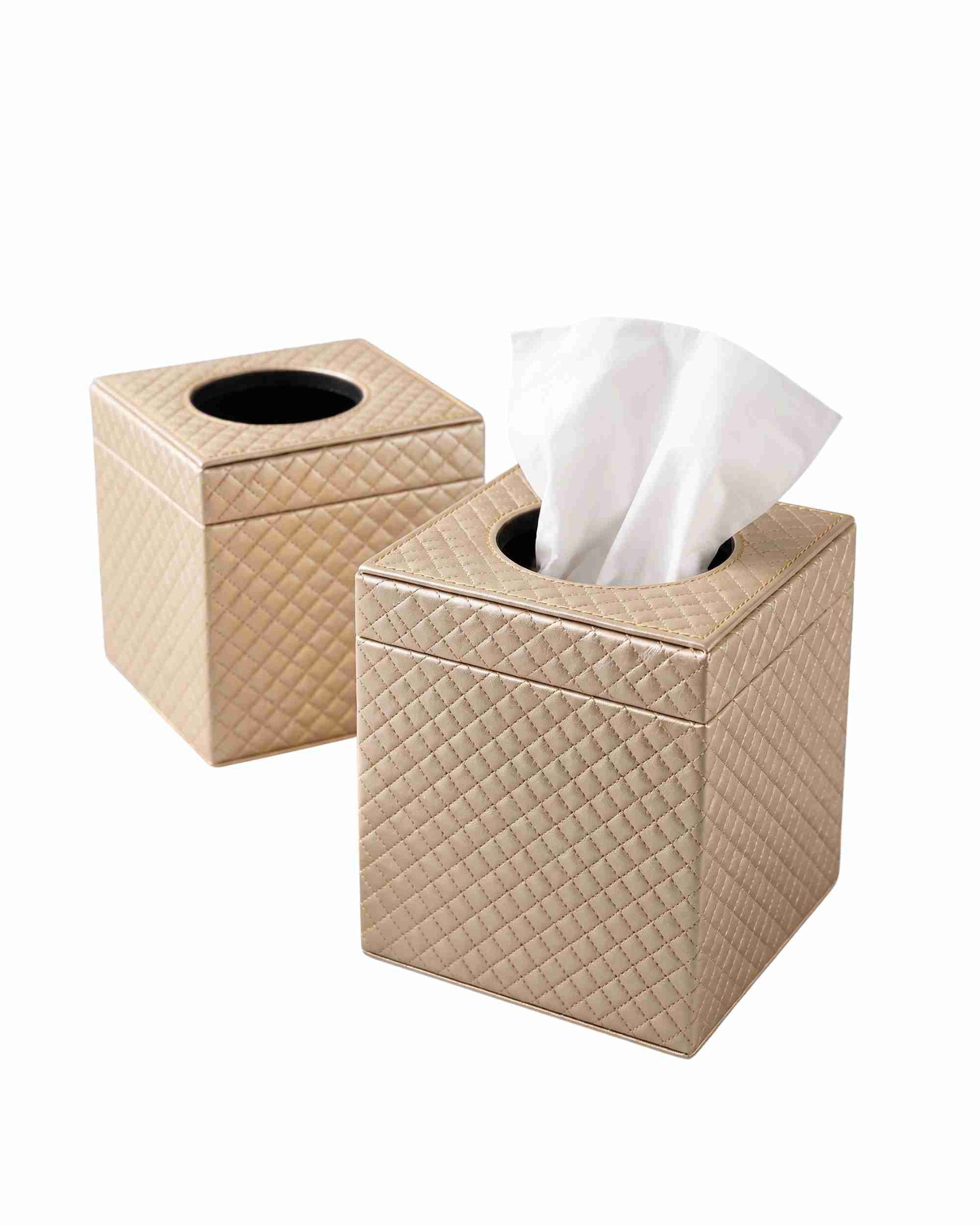 Metallic leatherette tissue box holder, light tan textured square with open top and tissues