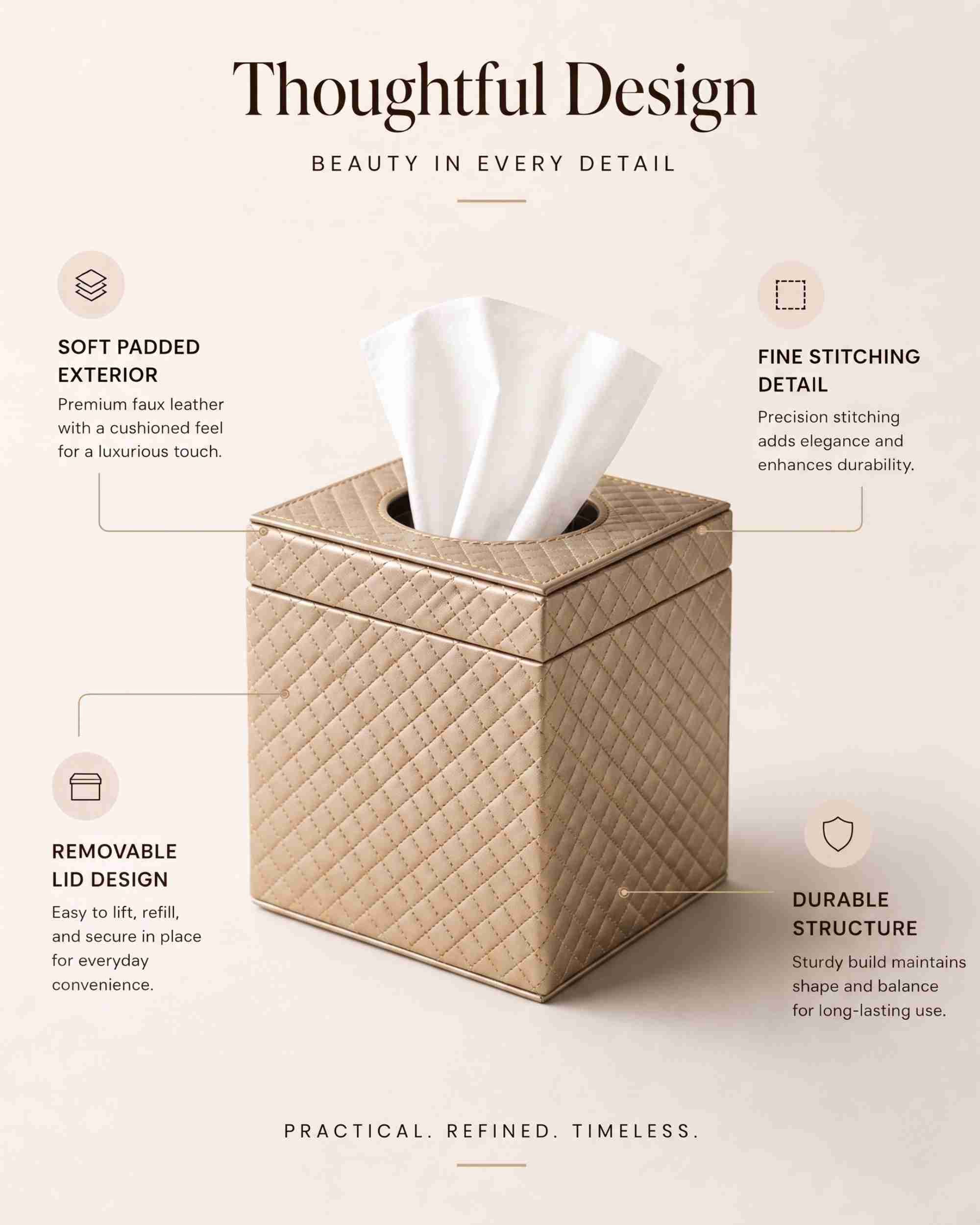 Metallic leatherette tissue box holder, light tan textured square with open top and tissues