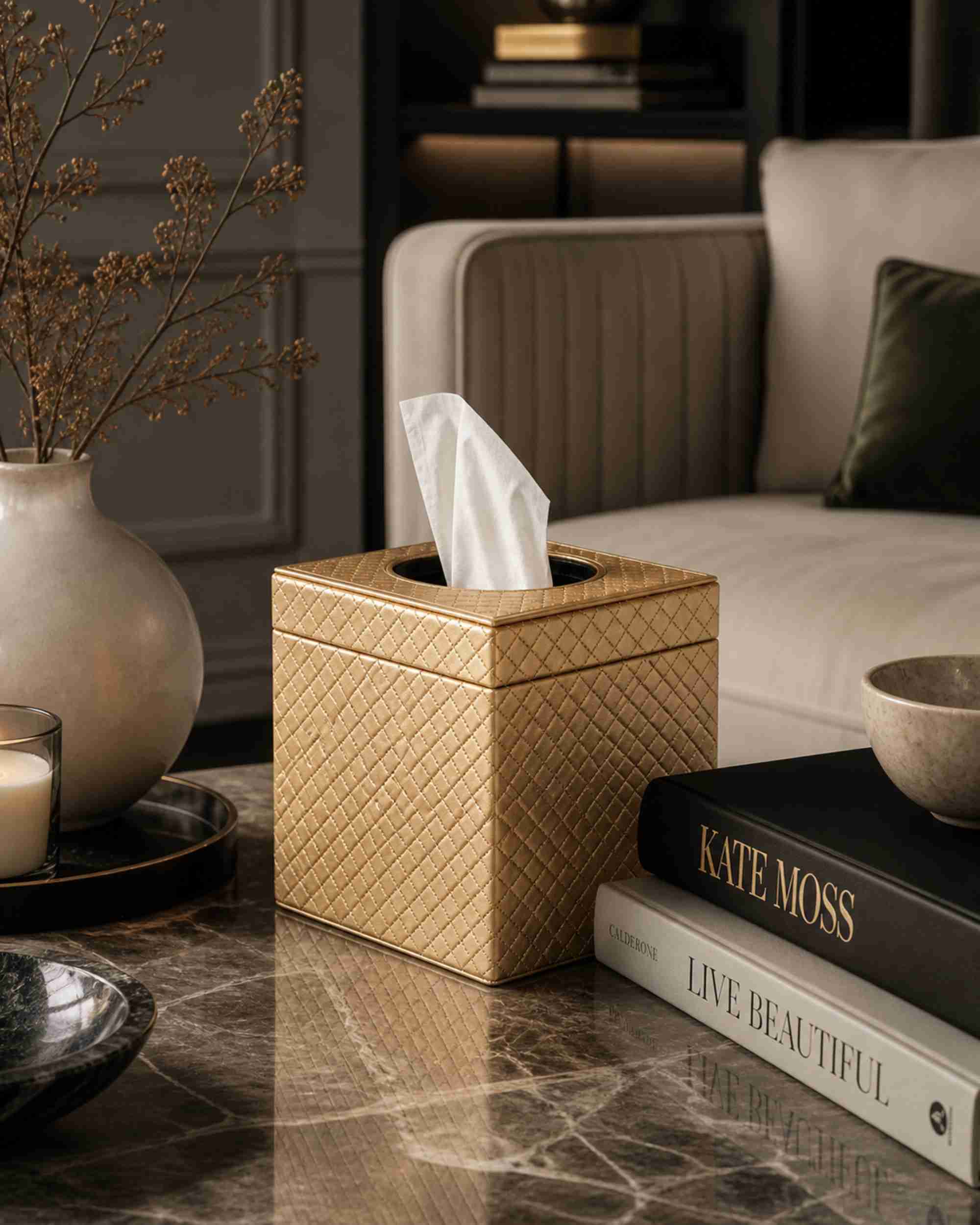 Metallic leatherette tissue box holder, light tan textured cube with tissues in open top