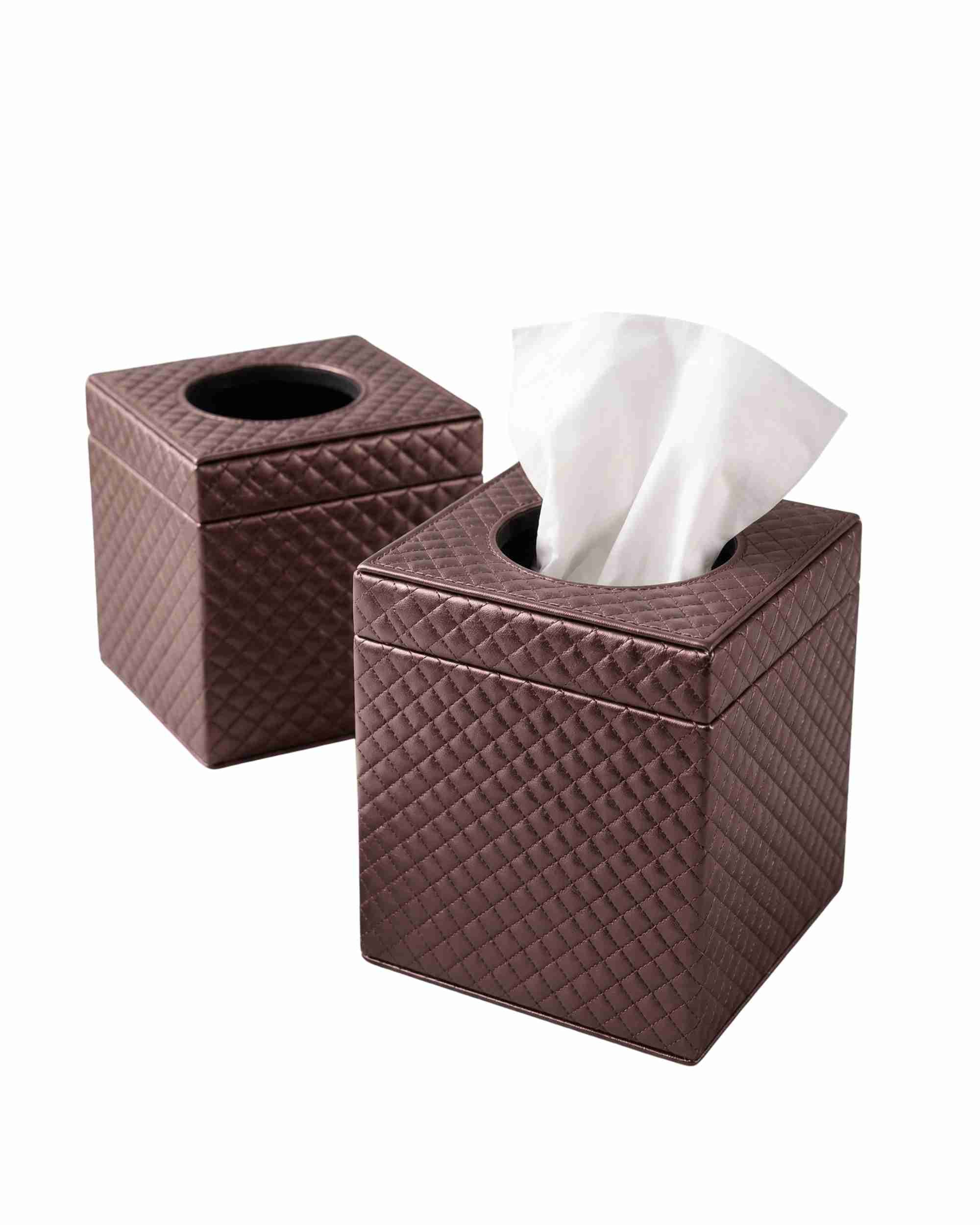 Metallic leatherette tissue box holder set, two brown cases with tissue openings