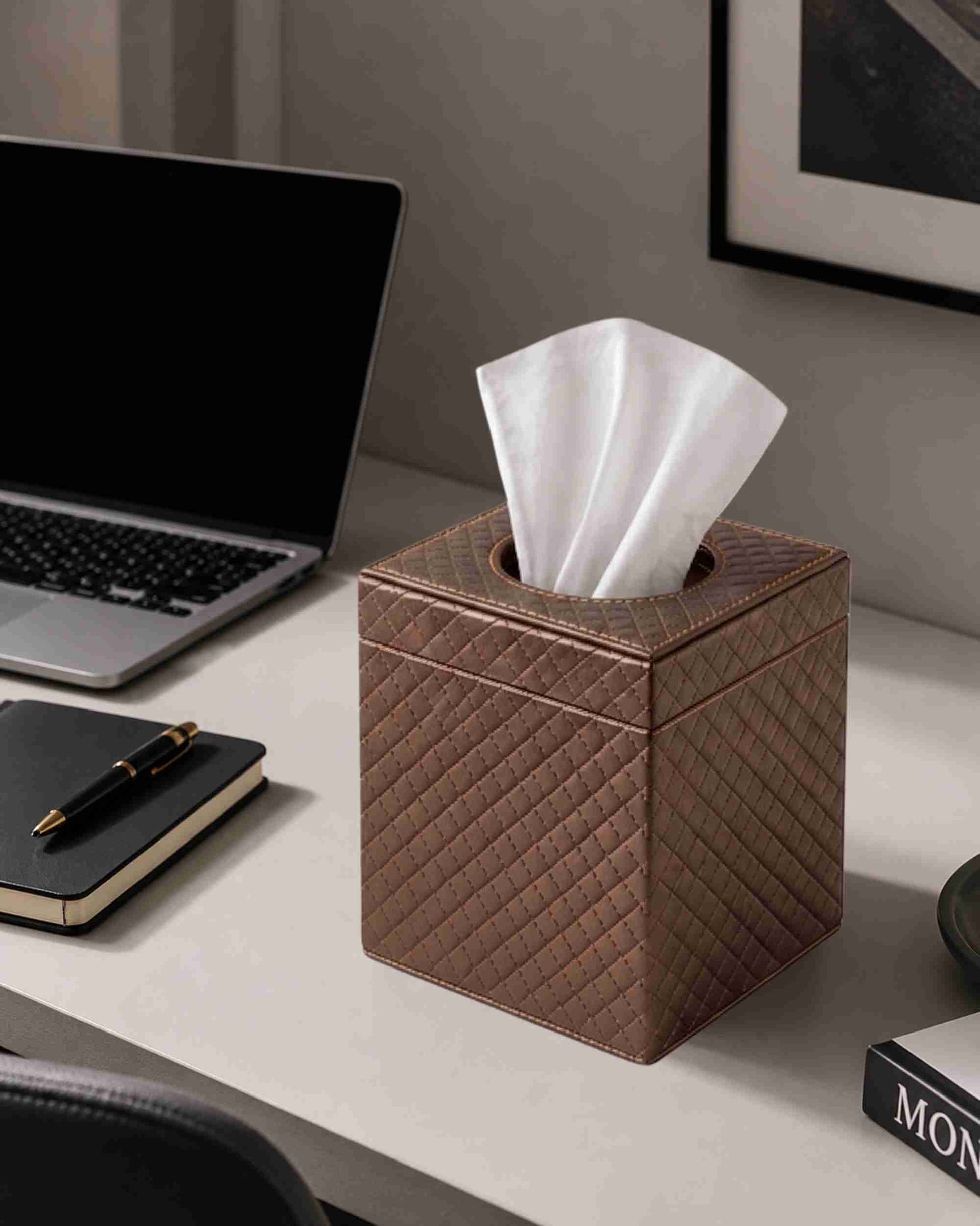 Metallic leatherette tissue box holder with open-top tissue, brown