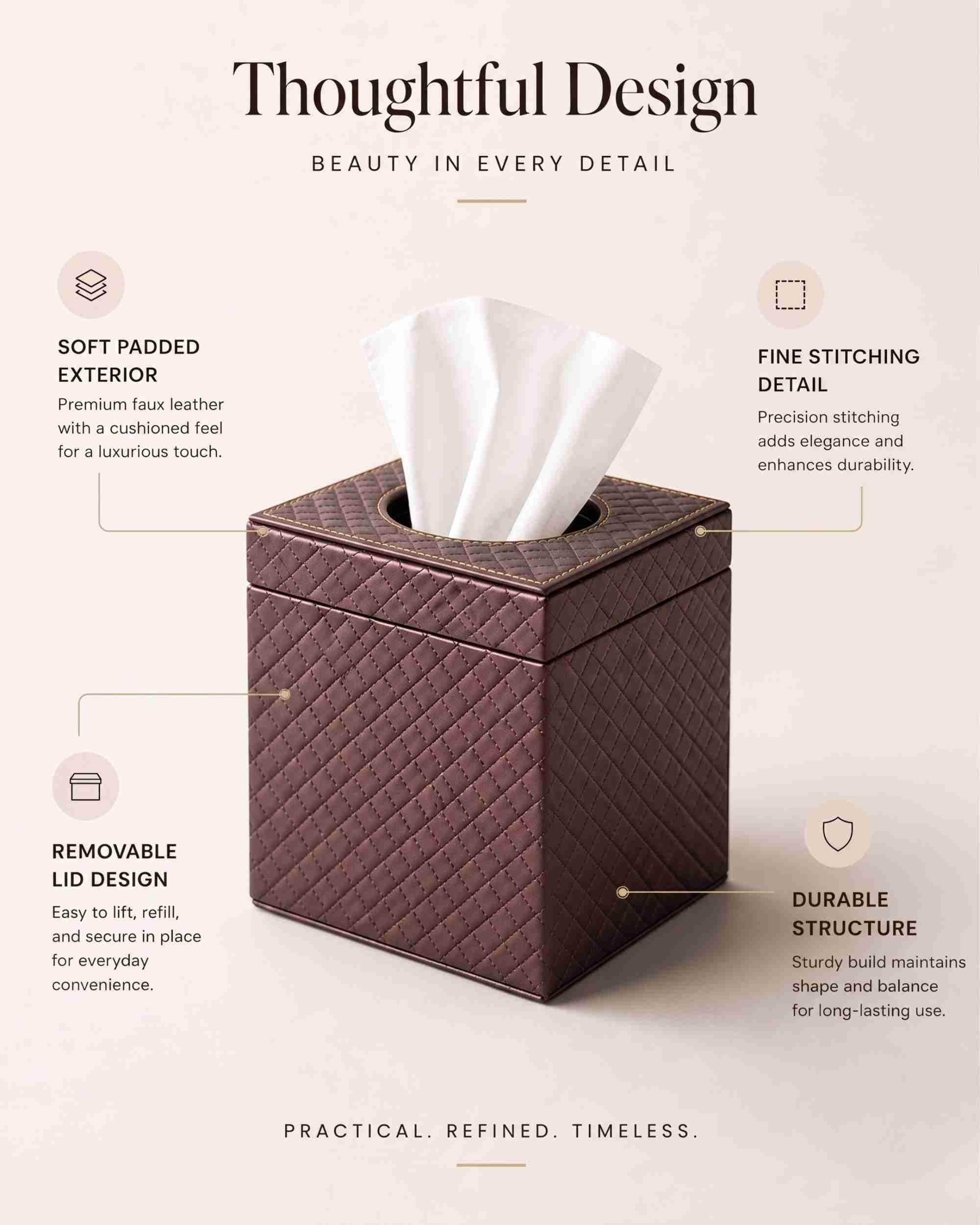 Metallic leatherette tissue box holder, square padded case with open top