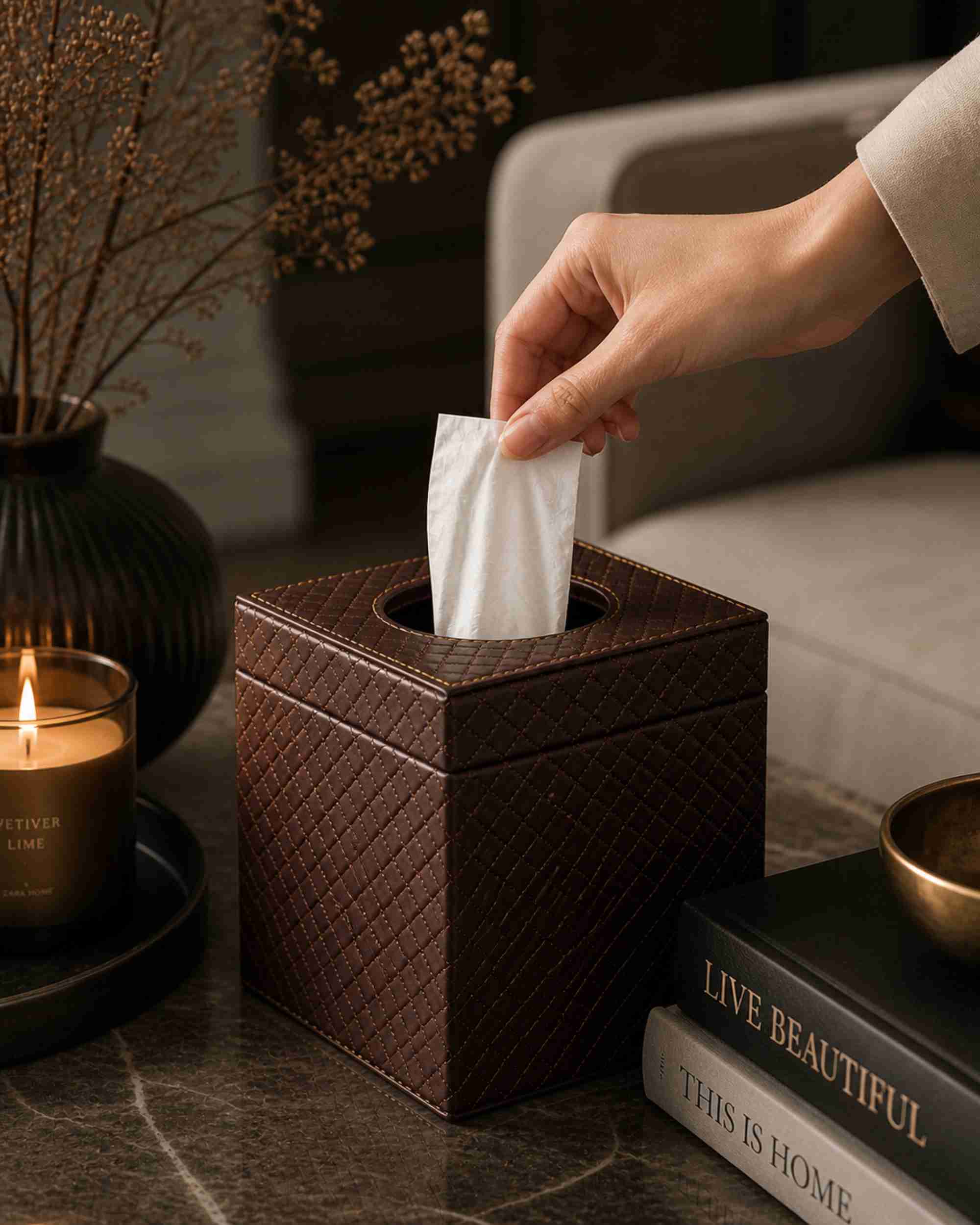 Metallic leatherette tissue box holder with tissue being pulled up, brown