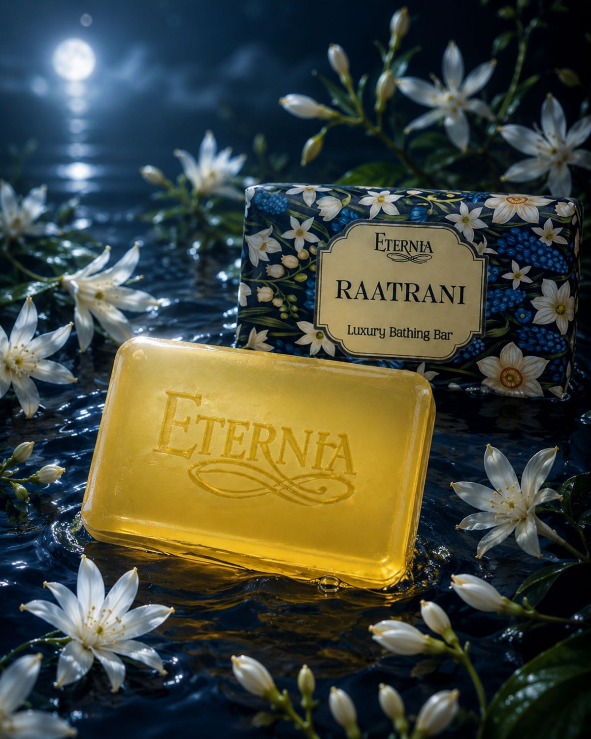 Luxury bathing bar: Eternia® Raatrani yellow soap with blue floral box