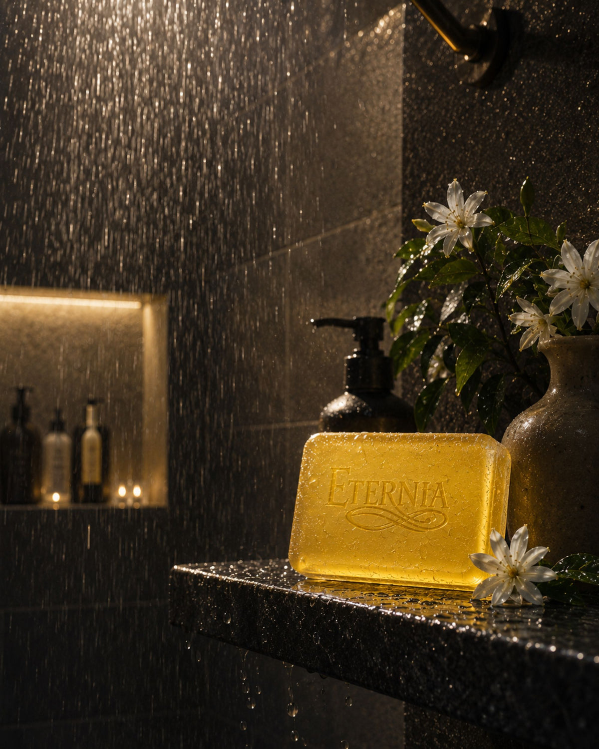 Eternia® Raatrani yellow bathing bar on wet ledge with water droplets