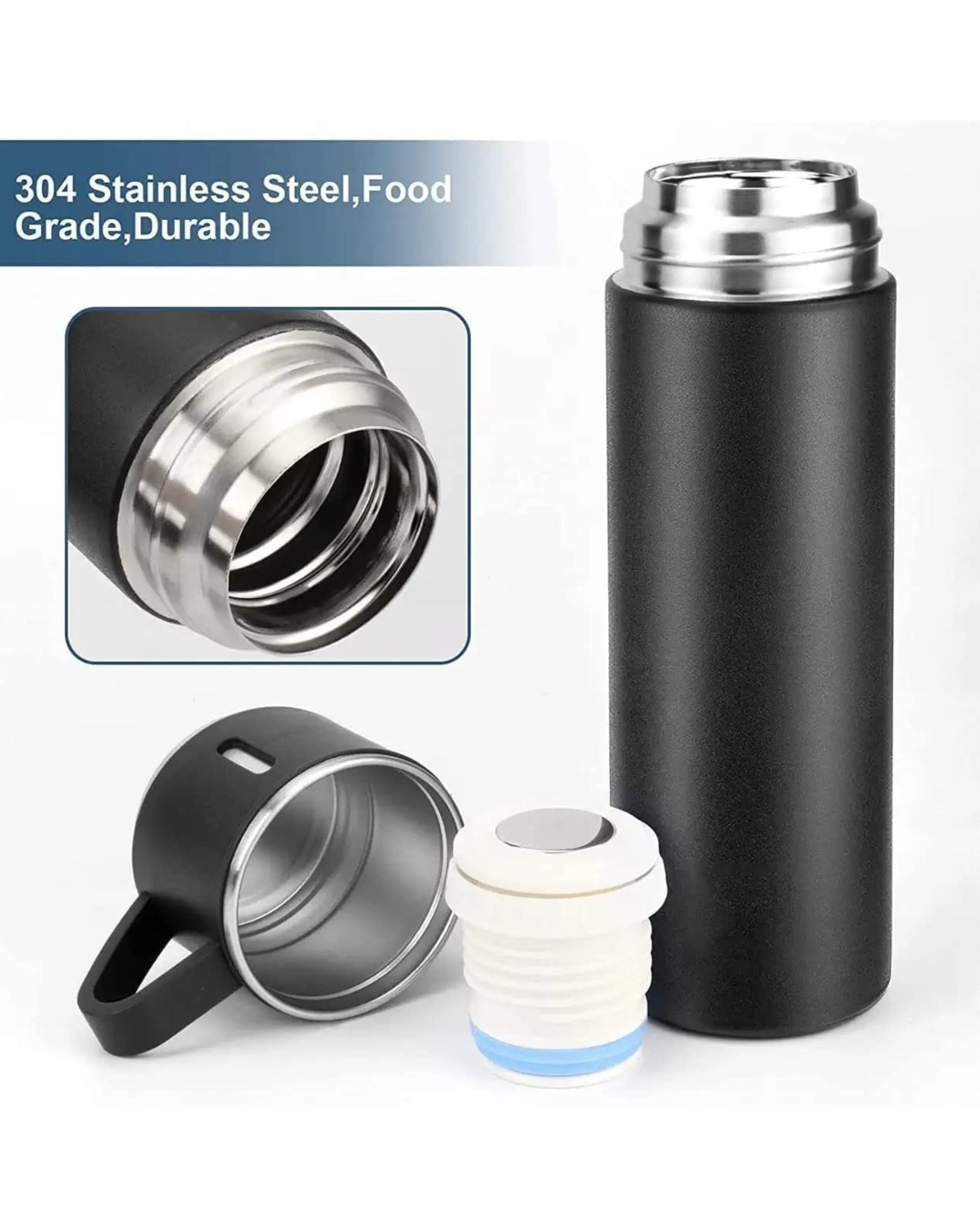 Premsons® 425ml Stainless Steel Vacuum Flask Set with 2 Cups | Double Wall Insulated Thermos Bottle for Hot & Cold Drinks | Leakproof Travel Flask
