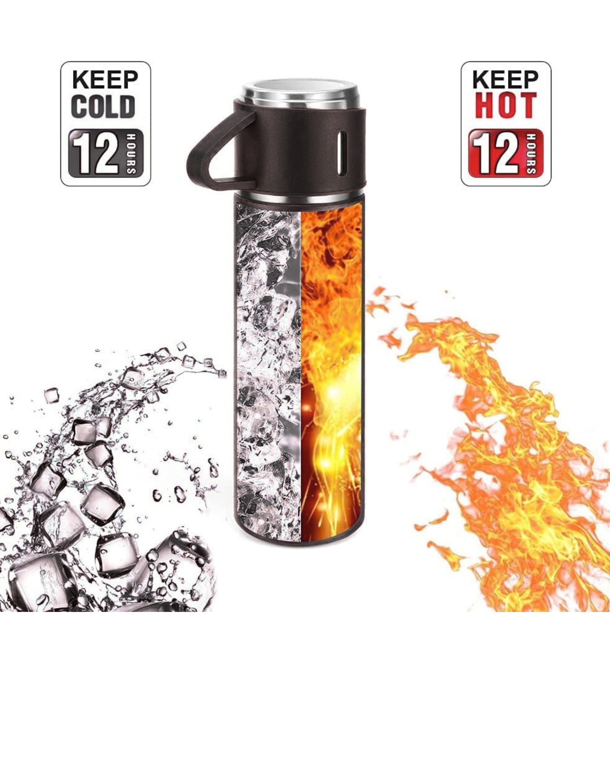 Premsons® 425ml Stainless Steel Vacuum Flask Set with 2 Cups | Double Wall Insulated Thermos Bottle for Hot & Cold Drinks | Leakproof Travel Flask