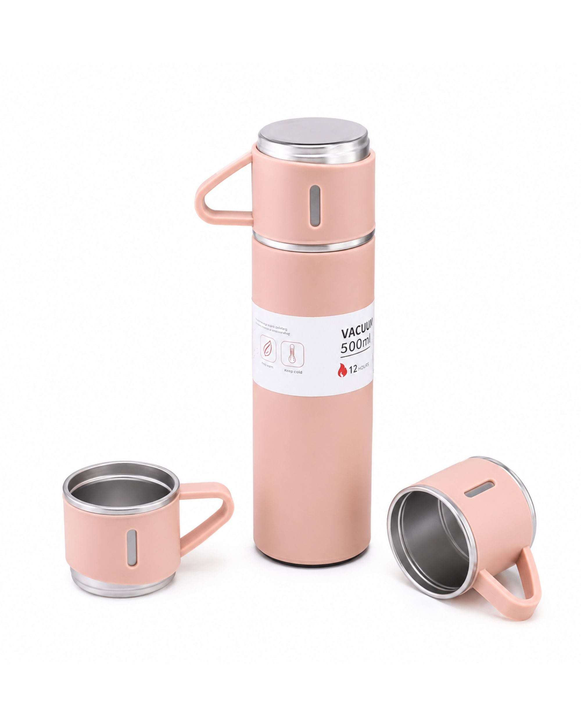 Premsons® 425ml Stainless Steel Vacuum Flask Set with 2 Cups | Double Wall Insulated Thermos Bottle for Hot & Cold Drinks | Leakproof Travel Flask