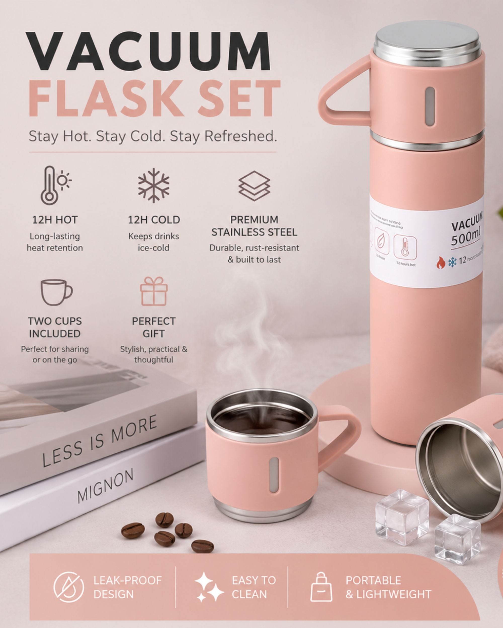 Premsons® 425ml Stainless Steel Vacuum Flask Set with 2 Cups | Double Wall Insulated Thermos Bottle for Hot & Cold Drinks | Leakproof Travel Flask