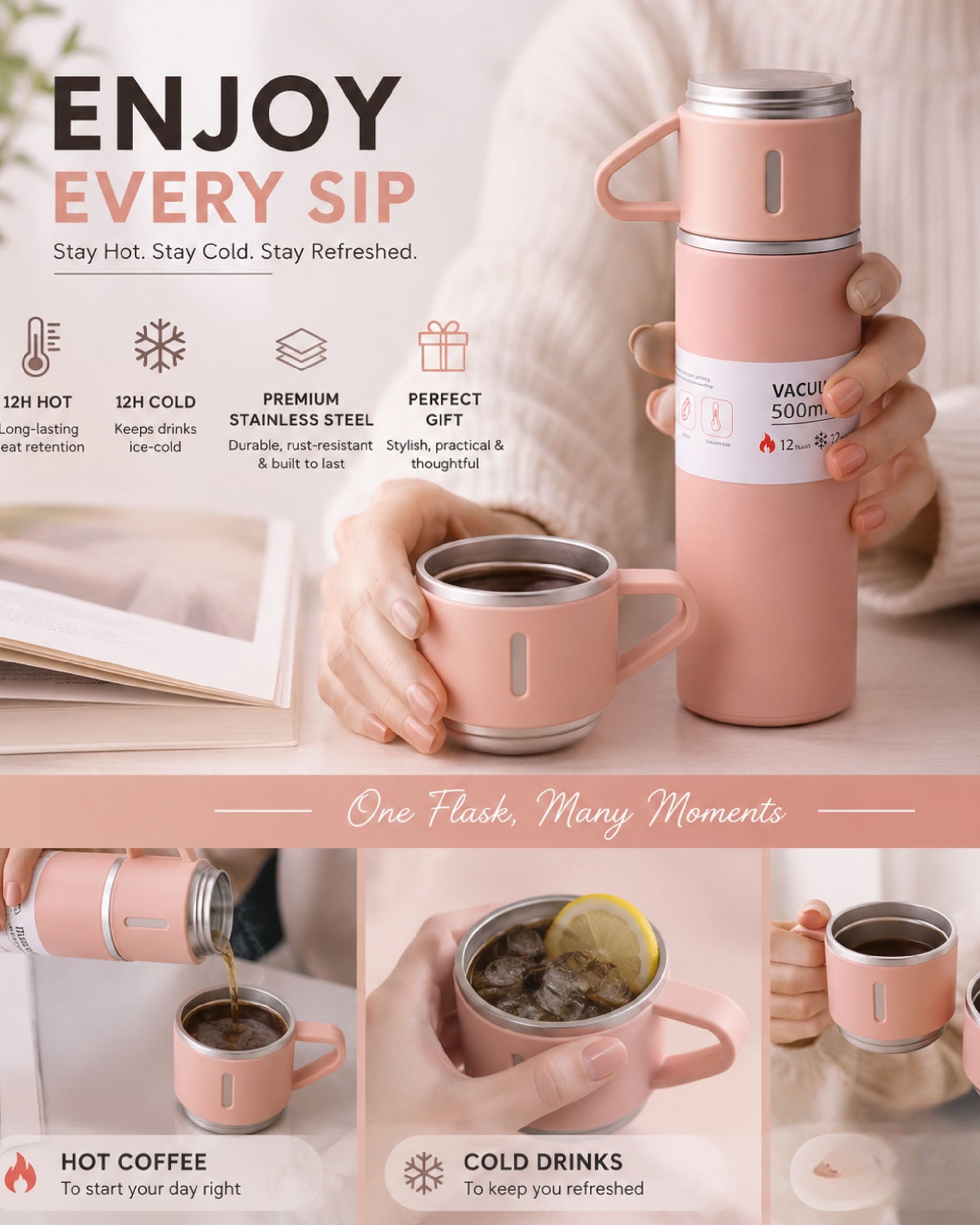 Premsons® 425ml Stainless Steel Vacuum Flask Set with 2 Cups | Double Wall Insulated Thermos Bottle for Hot & Cold Drinks | Leakproof Travel Flask